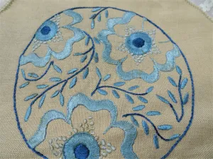 AMAZING Arts and Crafts Doily,Exceptional Hand Embroidery,Blue Silk Thread on Linen,Fit To Be Framed,Collectible Antique Textiles