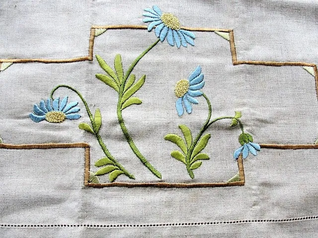 AMAZING Arts and Crafts Exceptional Hand Embroidery Work Silk Thread on Natural Linen Chair Back Doily Perfect For Mission Oak Arm Chair