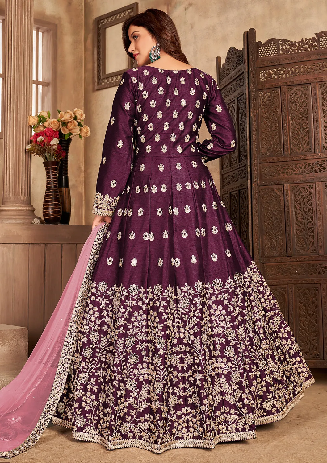 Art Silk Wine Front Slit Designer Anarkali Suit