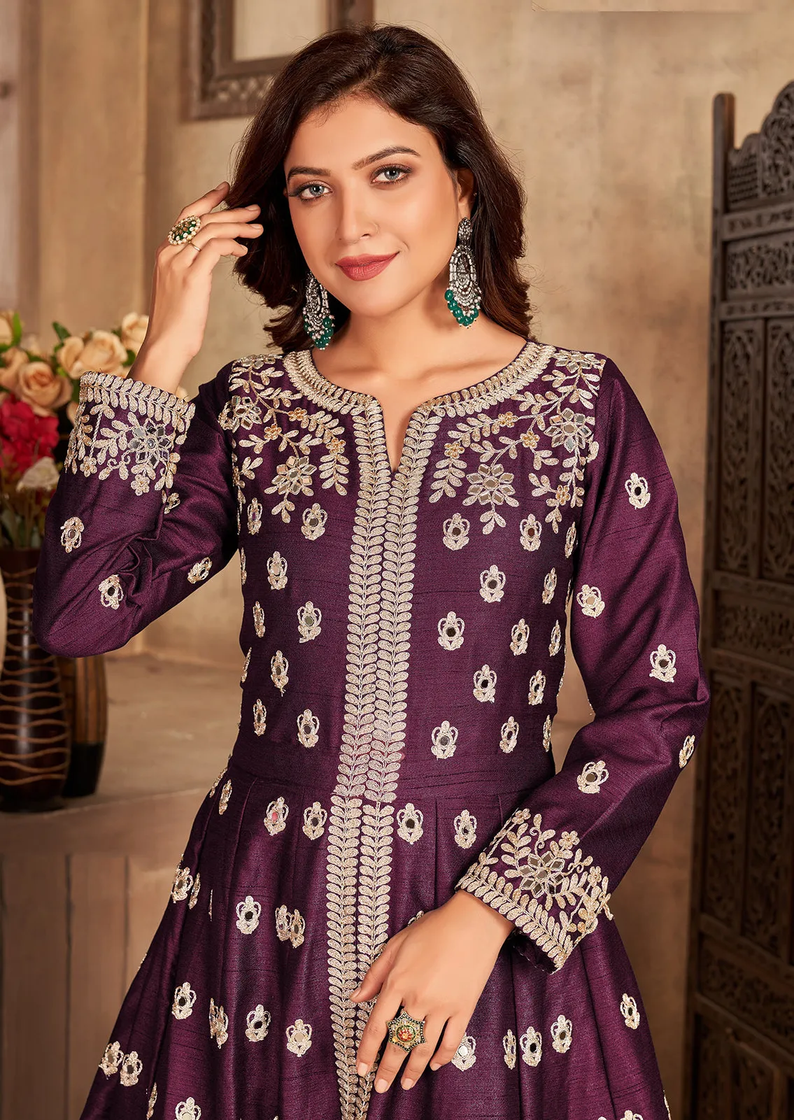 Art Silk Wine Front Slit Designer Anarkali Suit