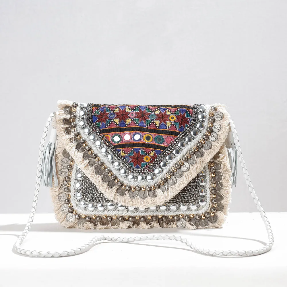 Beige - Banjara Vintage Embroidery Mirror, Bead & Coin Work Sling Bag