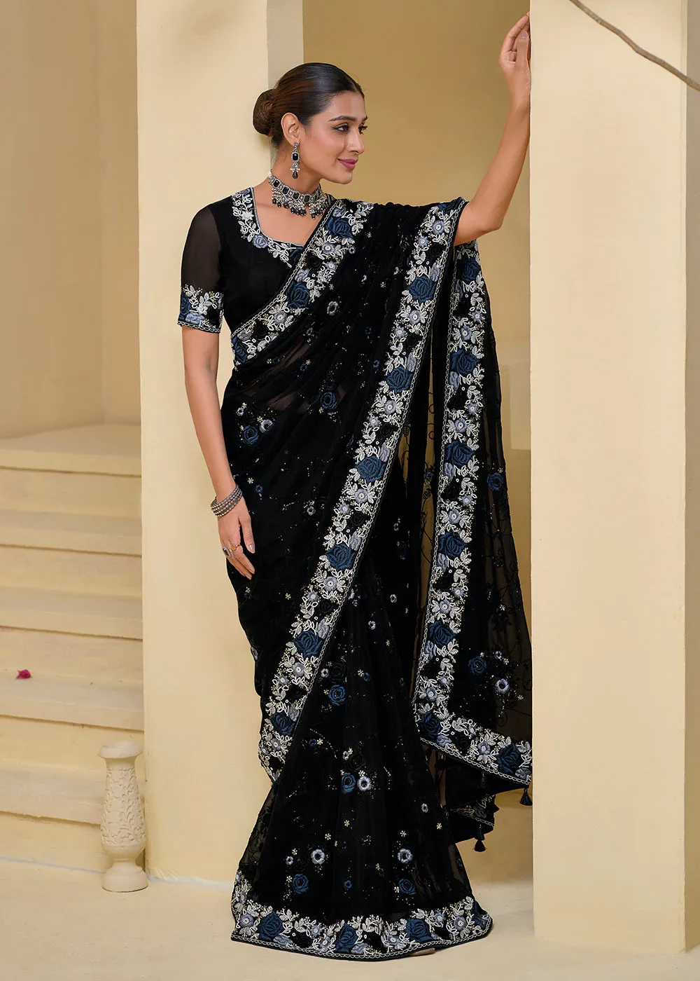 Black Banarasi Silk Embroidered Designer Saree
