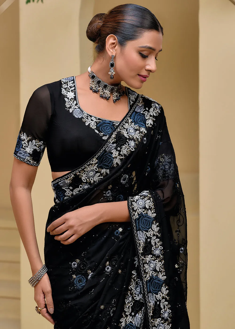 Black Banarasi Silk Embroidered Designer Saree