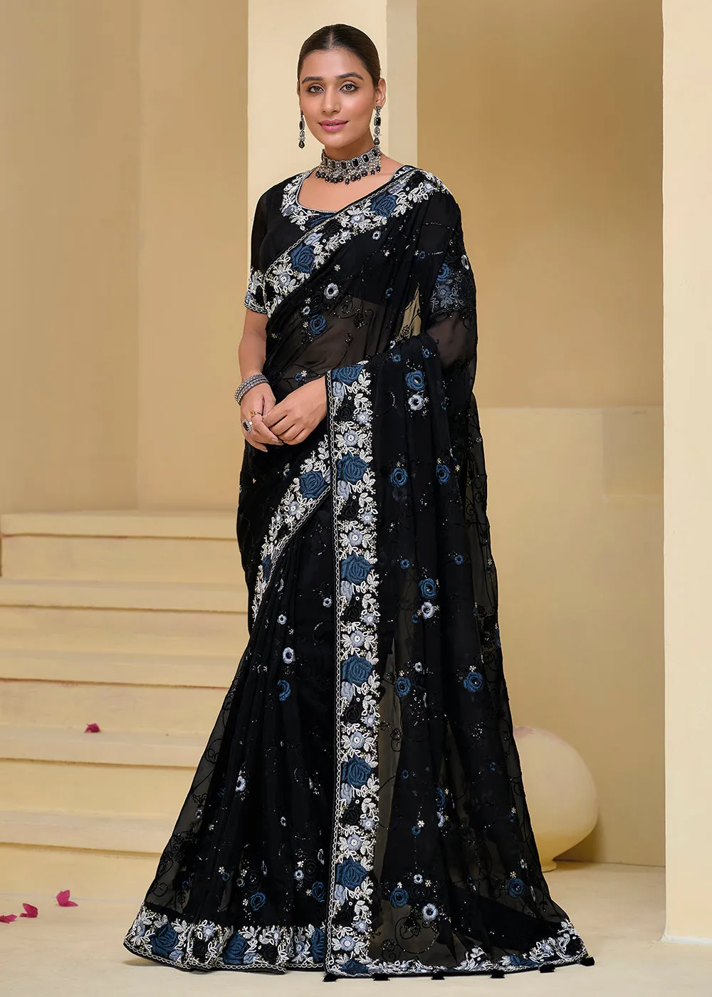 Black Banarasi Silk Embroidered Designer Saree