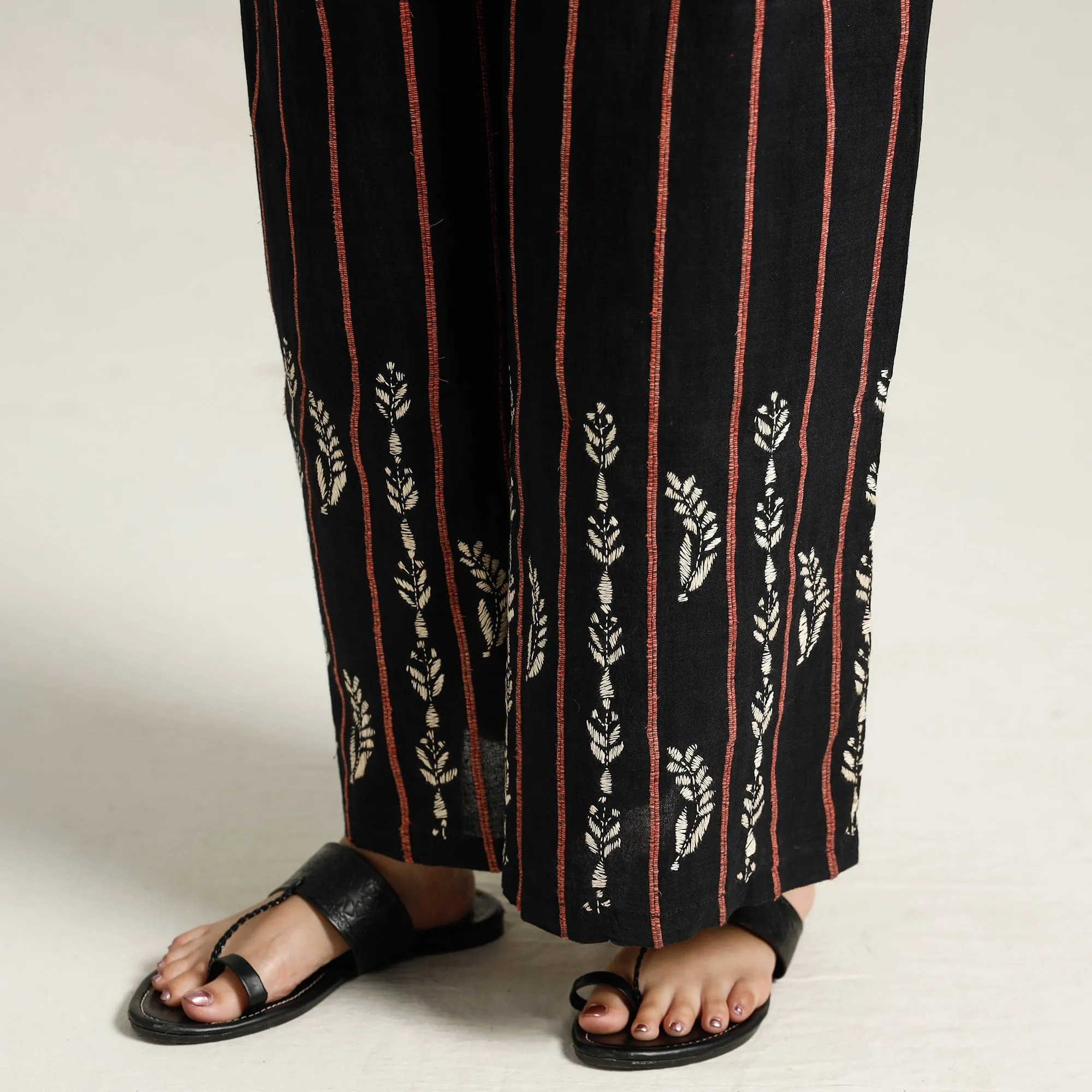Black - Bengal Khesh Weaving Kantha Embroidery Cotton Palazzo 08