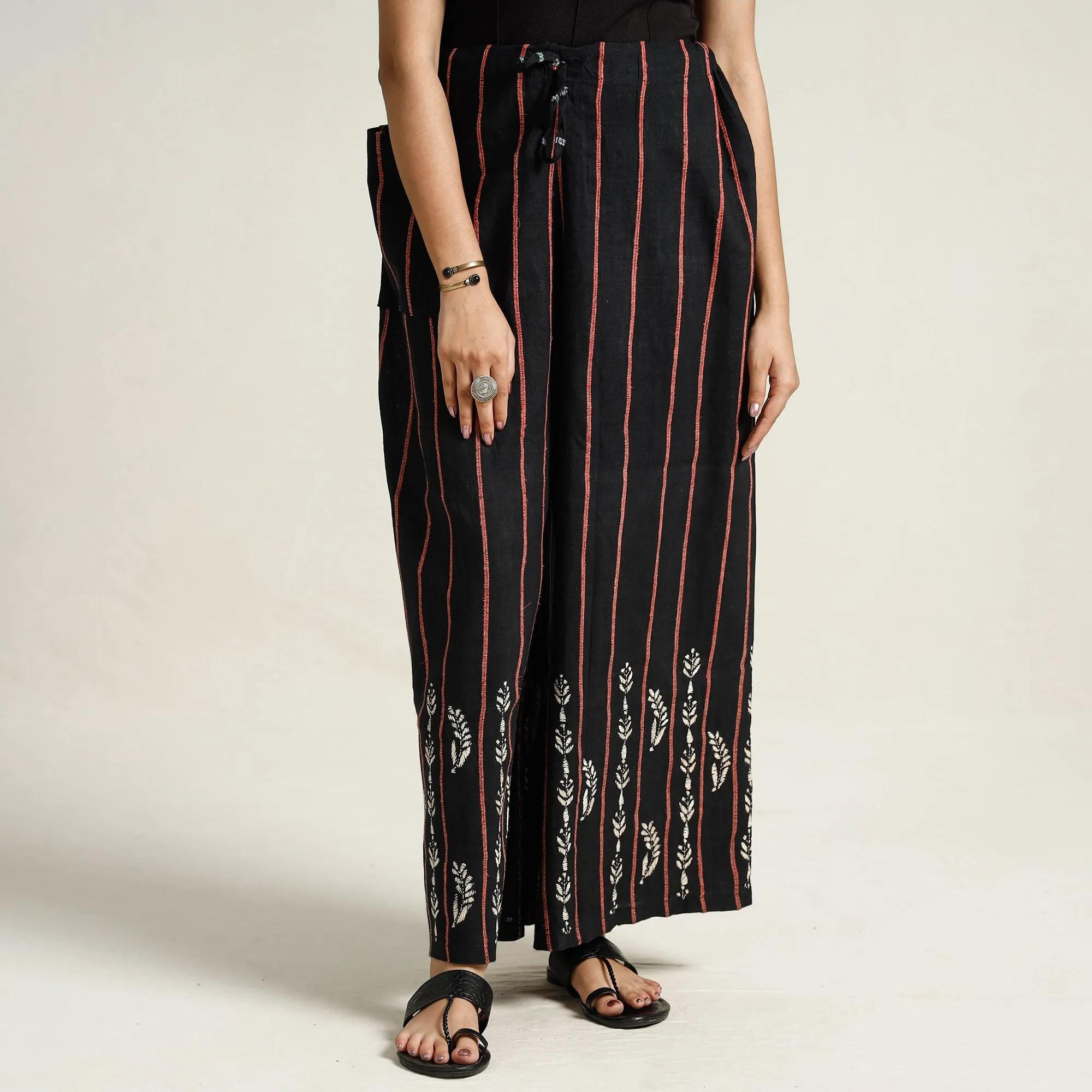 Black - Bengal Khesh Weaving Kantha Embroidery Cotton Palazzo 08