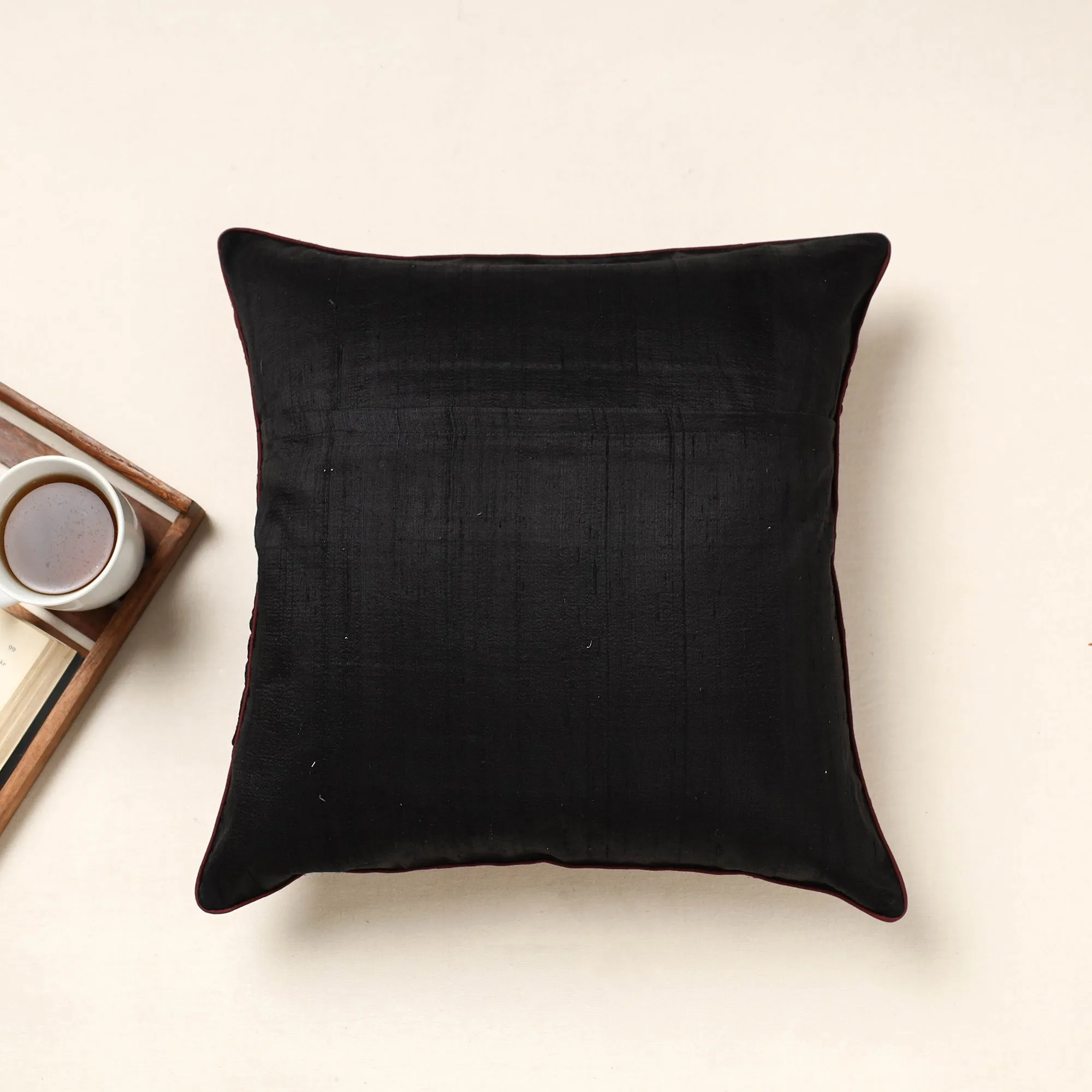 Black - Kutch Pakko Bherni Hand Embroidery Mashru Silk Cushion Cover (16 x 16 in)