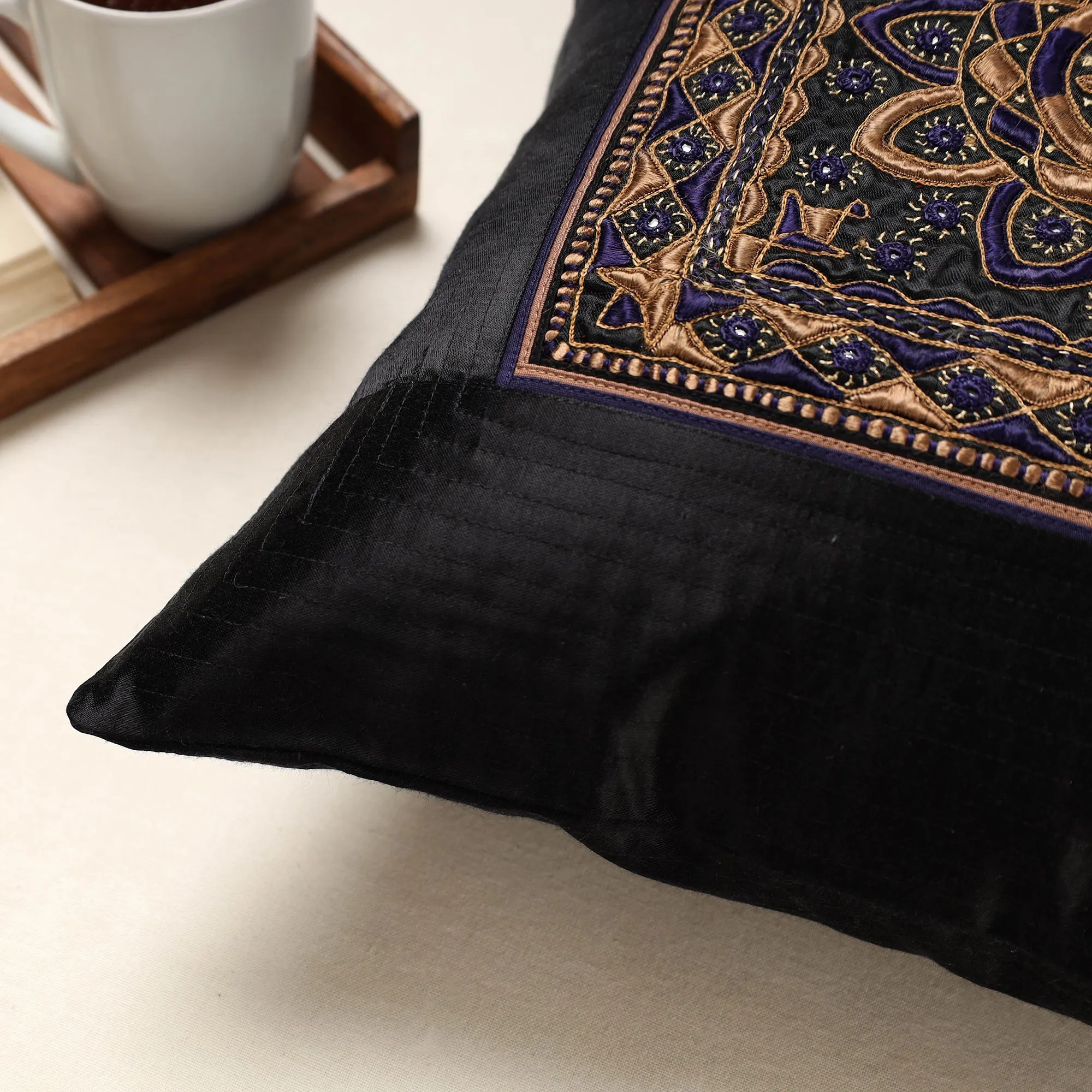 Black - Kutch Pakko Bherni Hand Embroidery Mashru Silk Cushion Cover (16 x 16 in)
