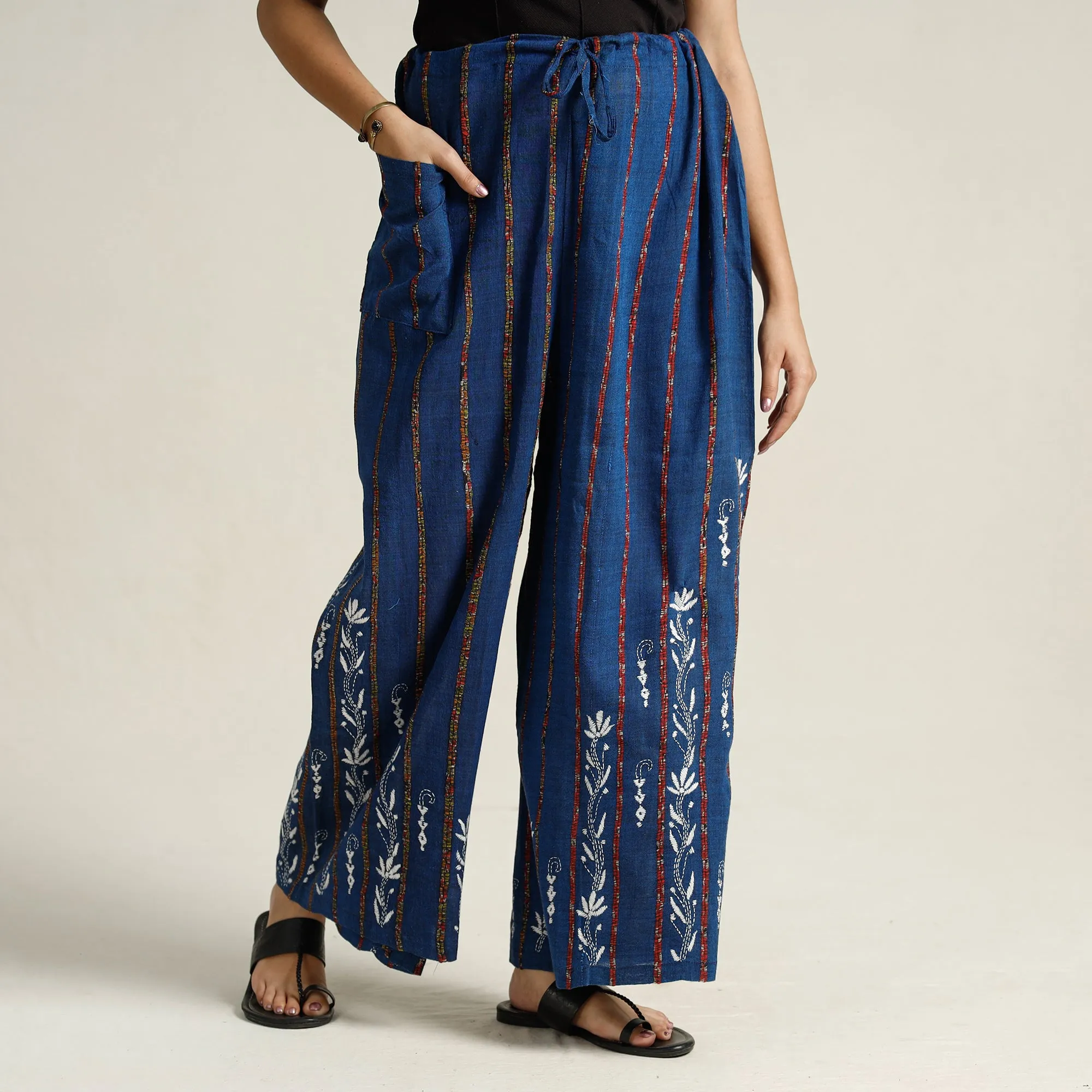 Blue - Bengal Khesh Weaving Kantha Embroidery Cotton Palazzo 43