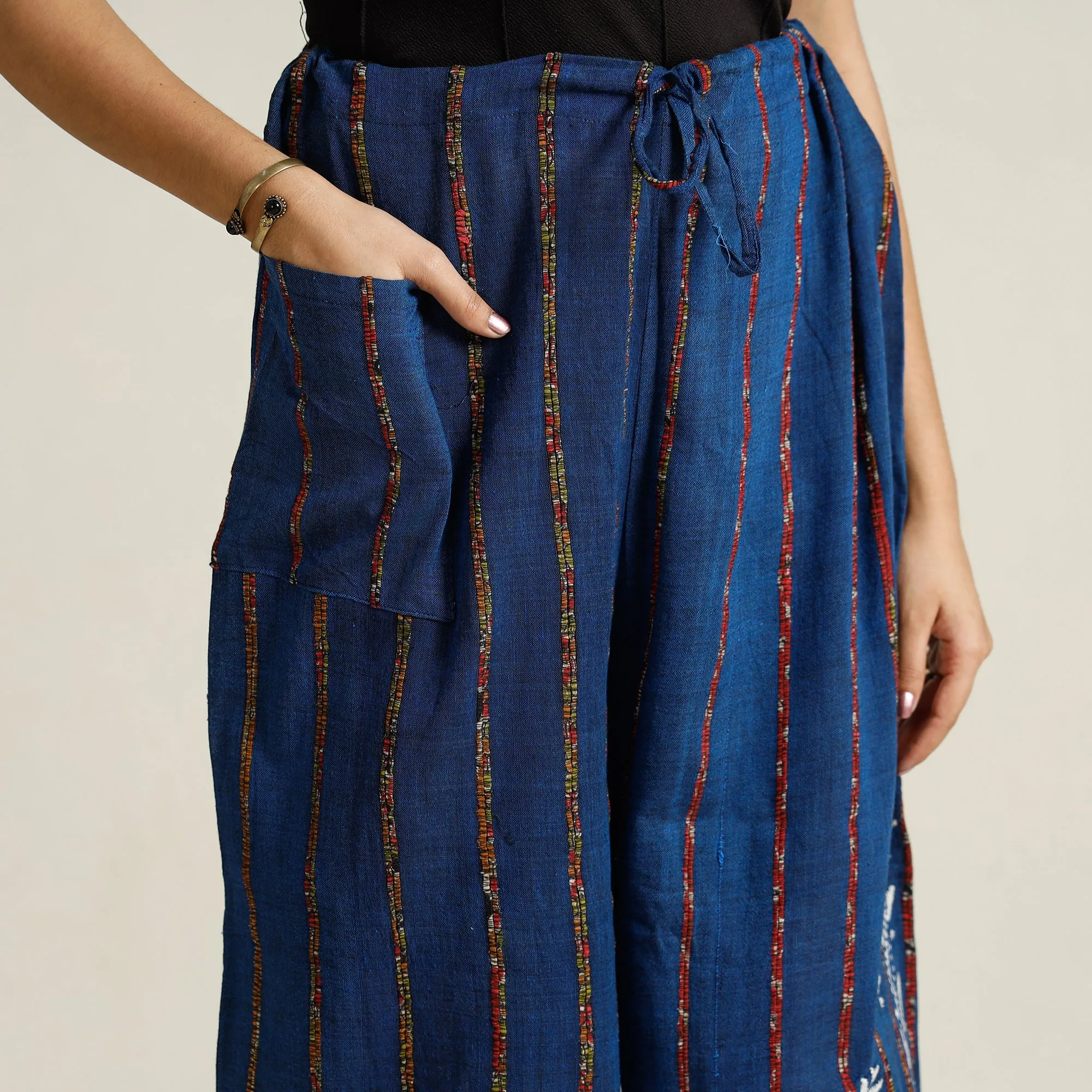 Blue - Bengal Khesh Weaving Kantha Embroidery Cotton Palazzo 43