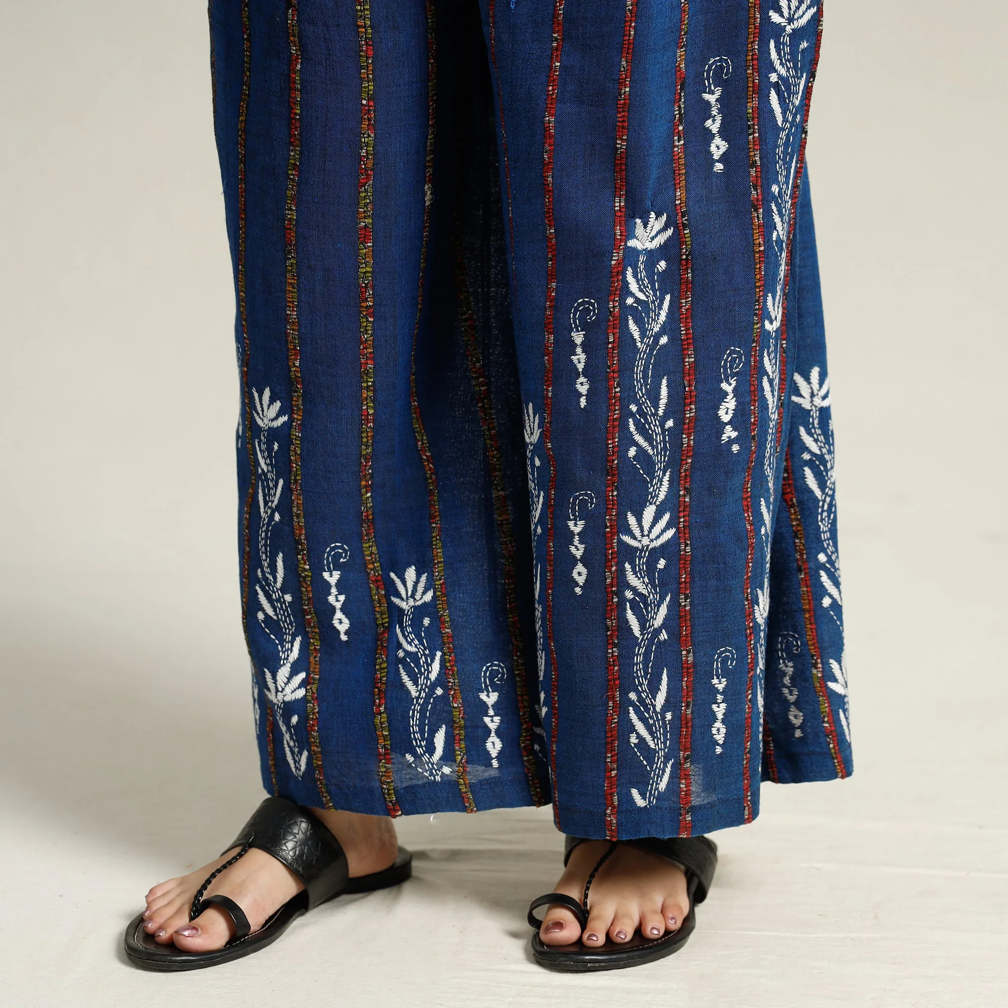 Blue - Bengal Khesh Weaving Kantha Embroidery Cotton Palazzo 43
