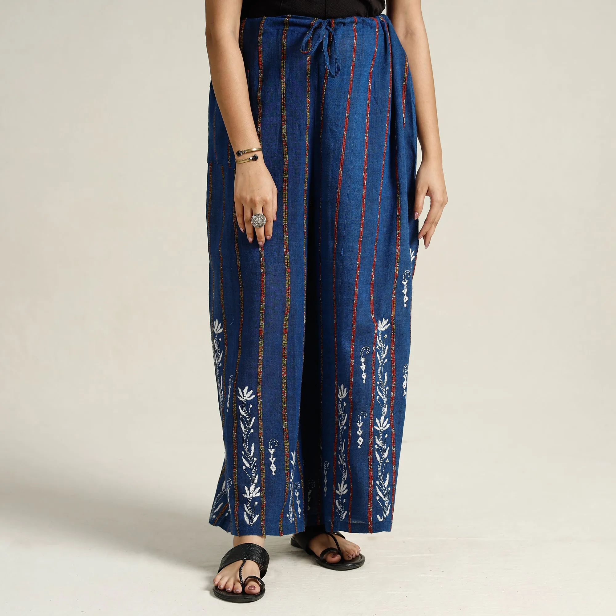 Blue - Bengal Khesh Weaving Kantha Embroidery Cotton Palazzo 43