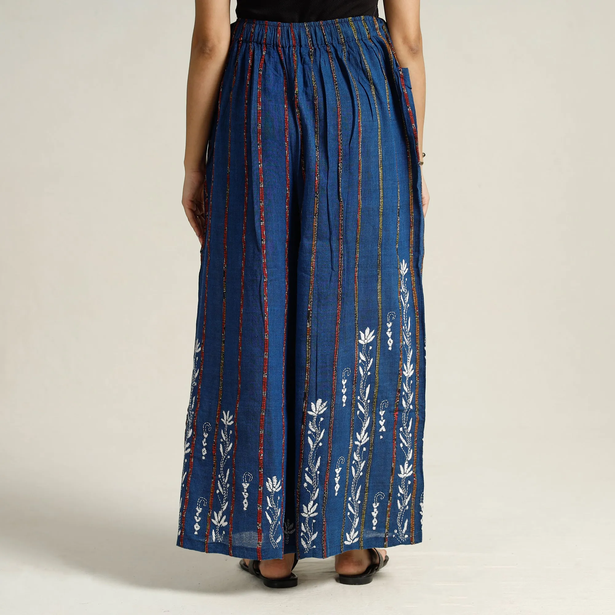 Blue - Bengal Khesh Weaving Kantha Embroidery Cotton Palazzo 43