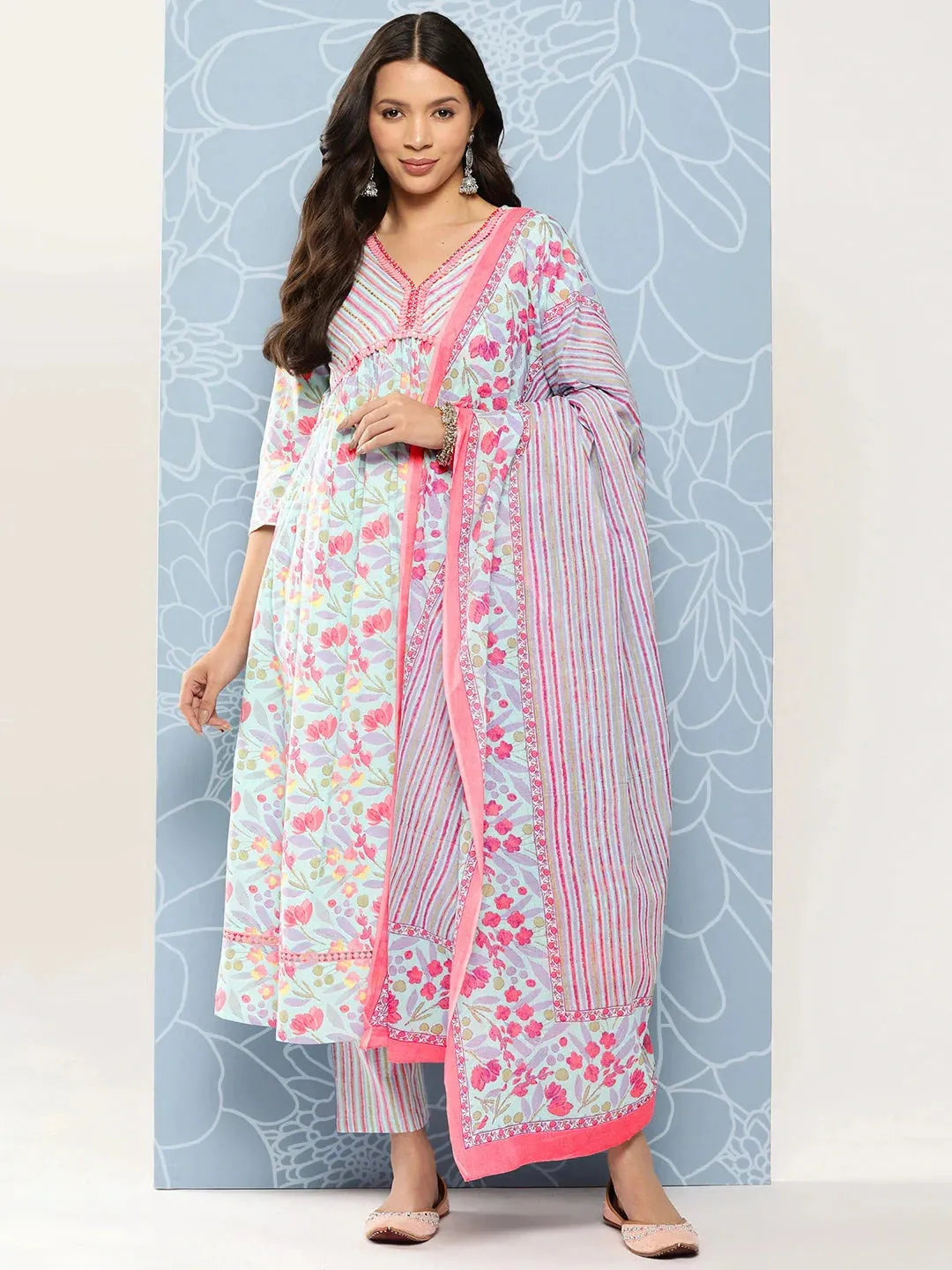 Blue Floral Print Regular Kantha Work Pure Cotton Kurta With Trousers & Dupatta