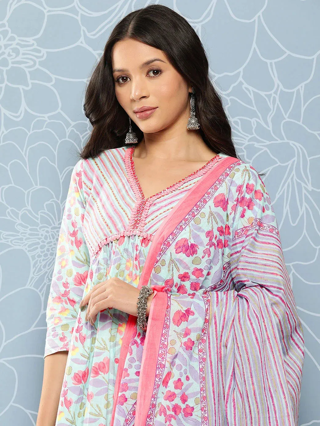 Blue Floral Print Regular Kantha Work Pure Cotton Kurta With Trousers & Dupatta