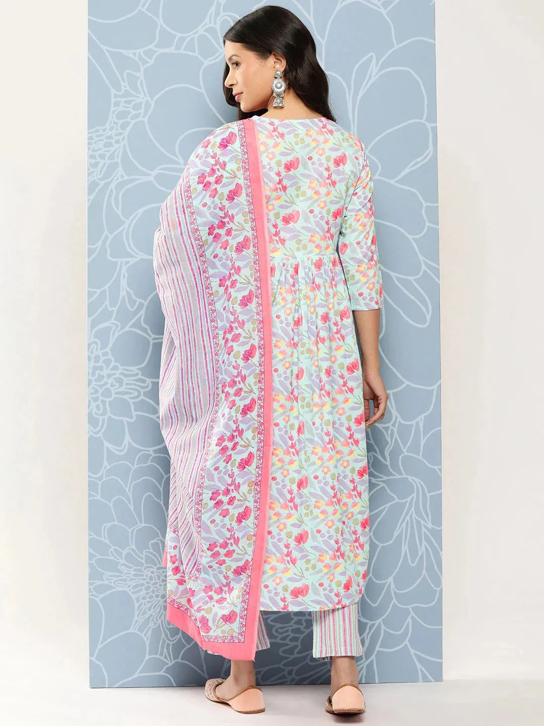Blue Floral Print Regular Kantha Work Pure Cotton Kurta With Trousers & Dupatta