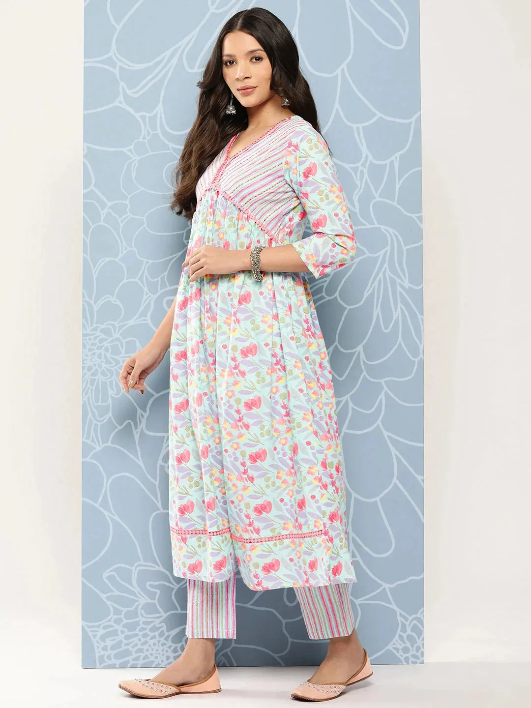 Blue Floral Print Regular Kantha Work Pure Cotton Kurta With Trousers & Dupatta