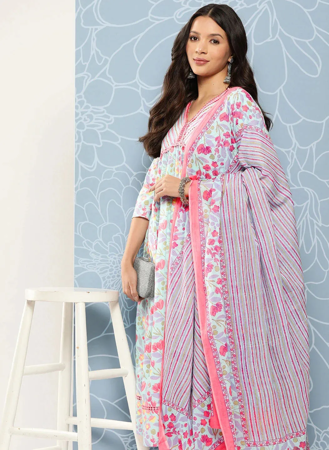 Blue Floral Print Regular Kantha Work Pure Cotton Kurta With Trousers & Dupatta
