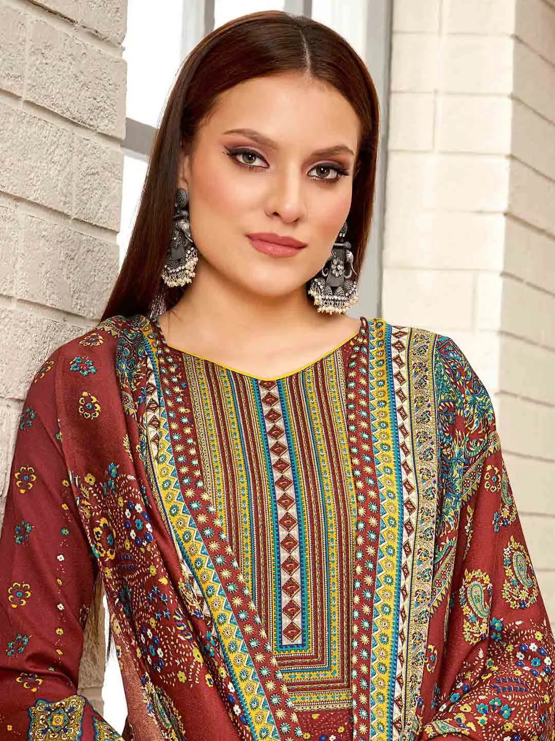 Brown Printed Spun Pashmina Unstitched Winter Suit