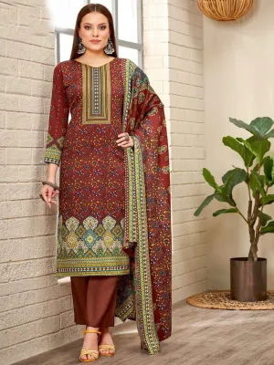 Brown Printed Spun Pashmina Unstitched Winter Suit