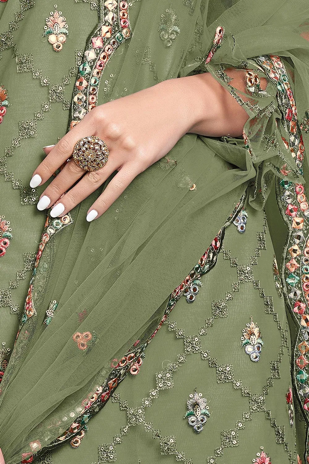 Butterfly Net Pastel Green Premium Embroidered Gharara Suit