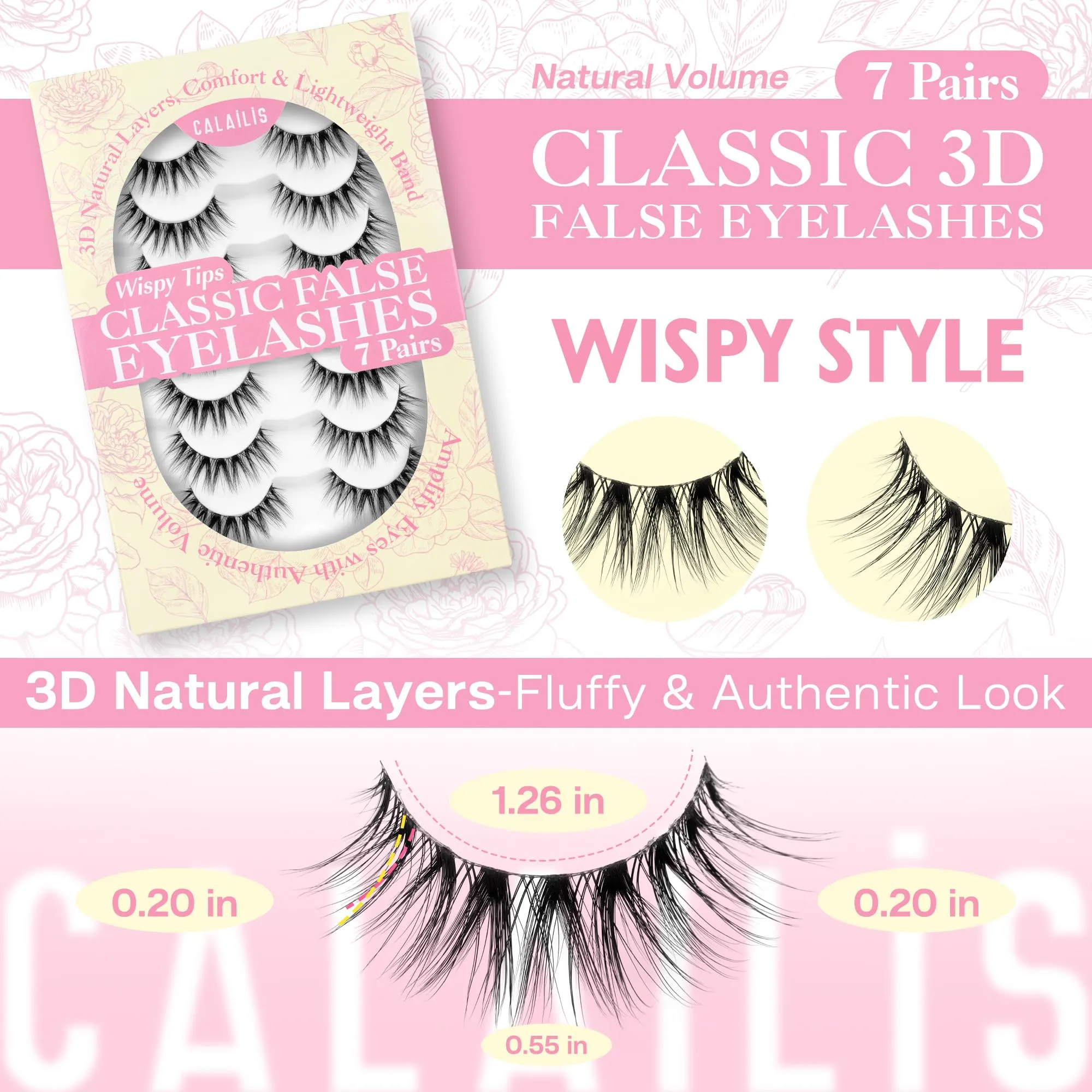 CALAILIS False Eyelashes Natural Look Fake Lashes Wispy 3D Fluffy False Lashes Faux Mink Fake Eyelashes Cat Eye Lashes Soft and Reusable Strip Lashes 7 Pairs (WIS03)