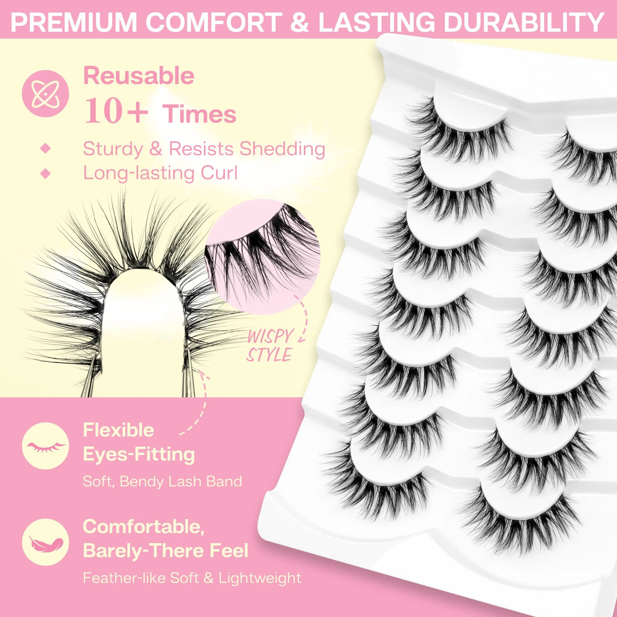 CALAILIS False Eyelashes Natural Look Fake Lashes Wispy 3D Fluffy False Lashes Faux Mink Fake Eyelashes Cat Eye Lashes Soft and Reusable Strip Lashes 7 Pairs (WIS03)