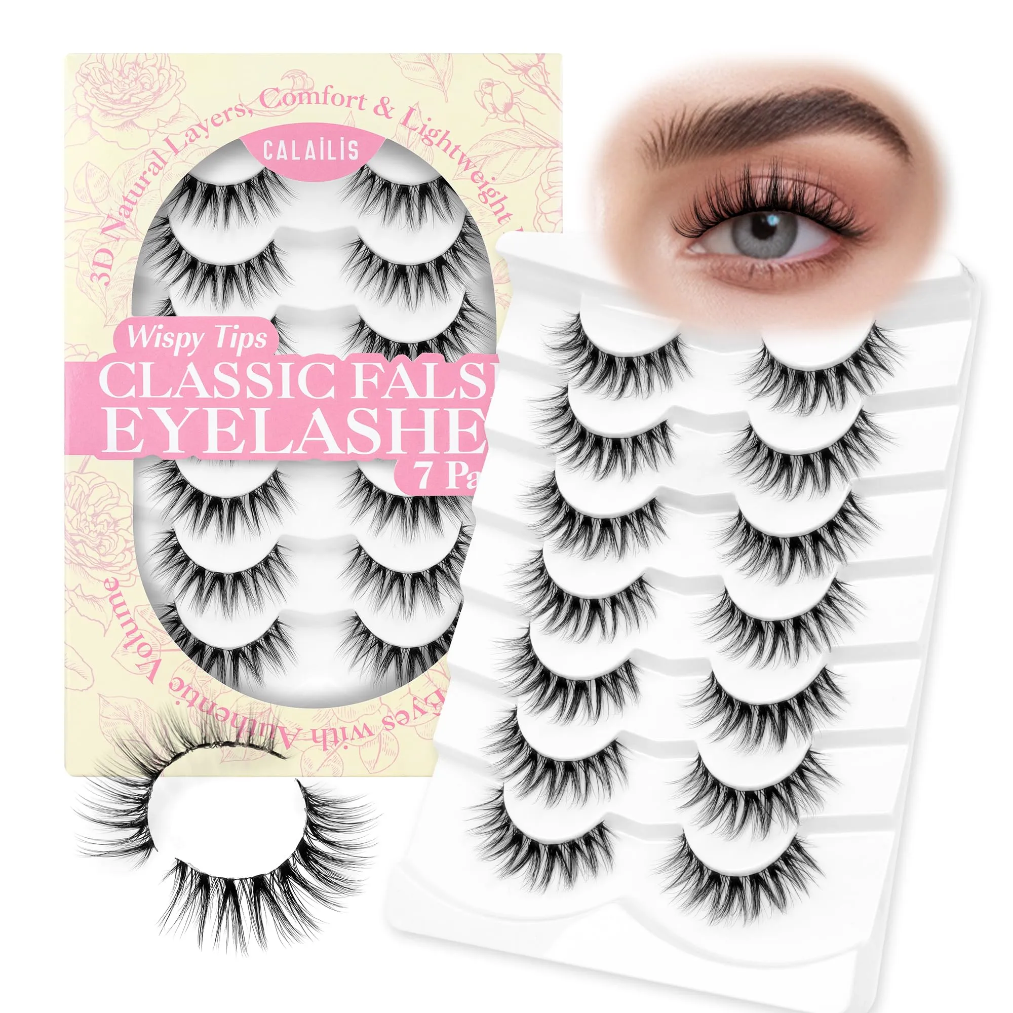 CALAILIS False Eyelashes Natural Look Fake Lashes Wispy 3D Fluffy False Lashes Faux Mink Fake Eyelashes Cat Eye Lashes Soft and Reusable Strip Lashes 7 Pairs (WIS03)