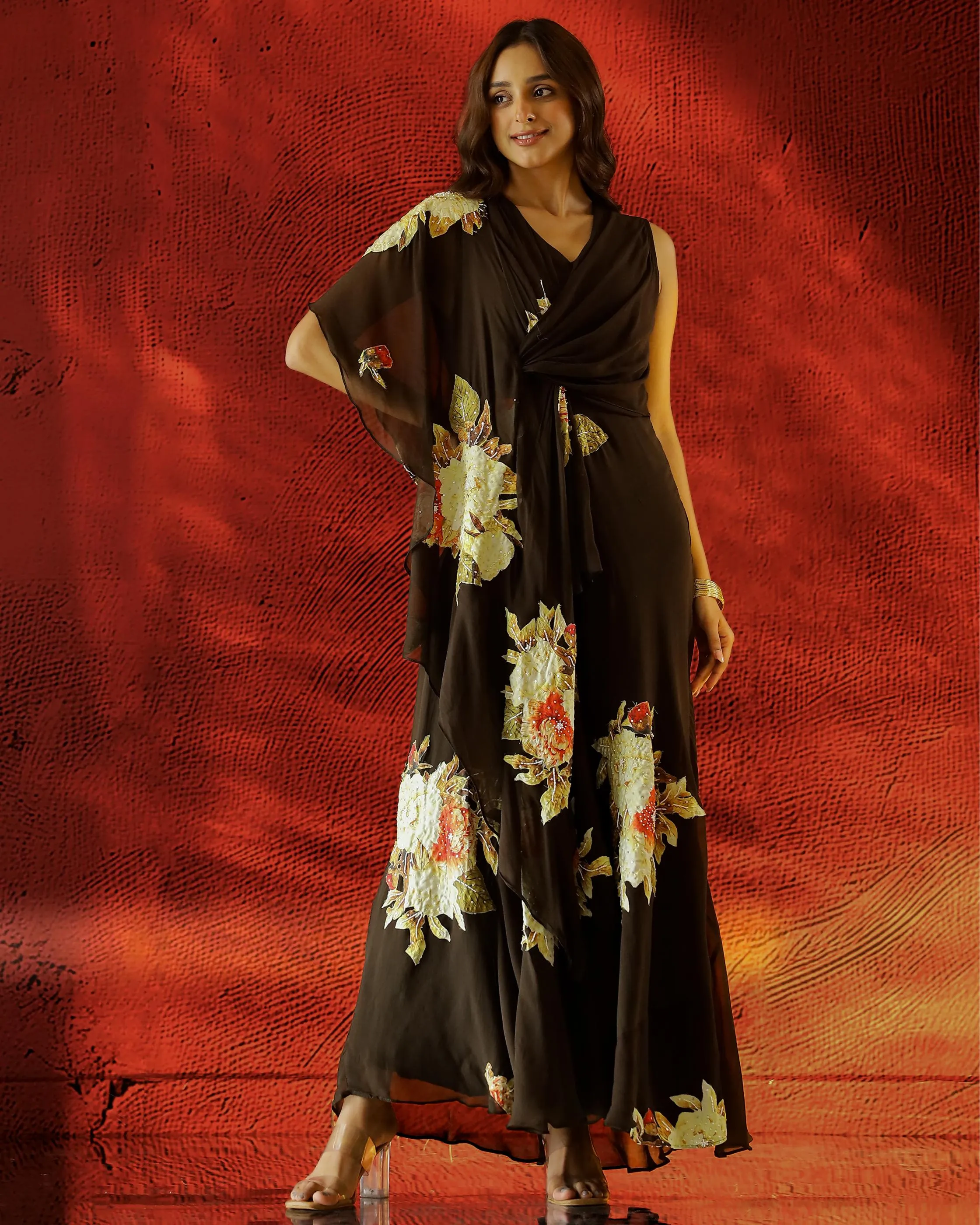 Dark Brown Embellished Chinon Silk Drape Gown