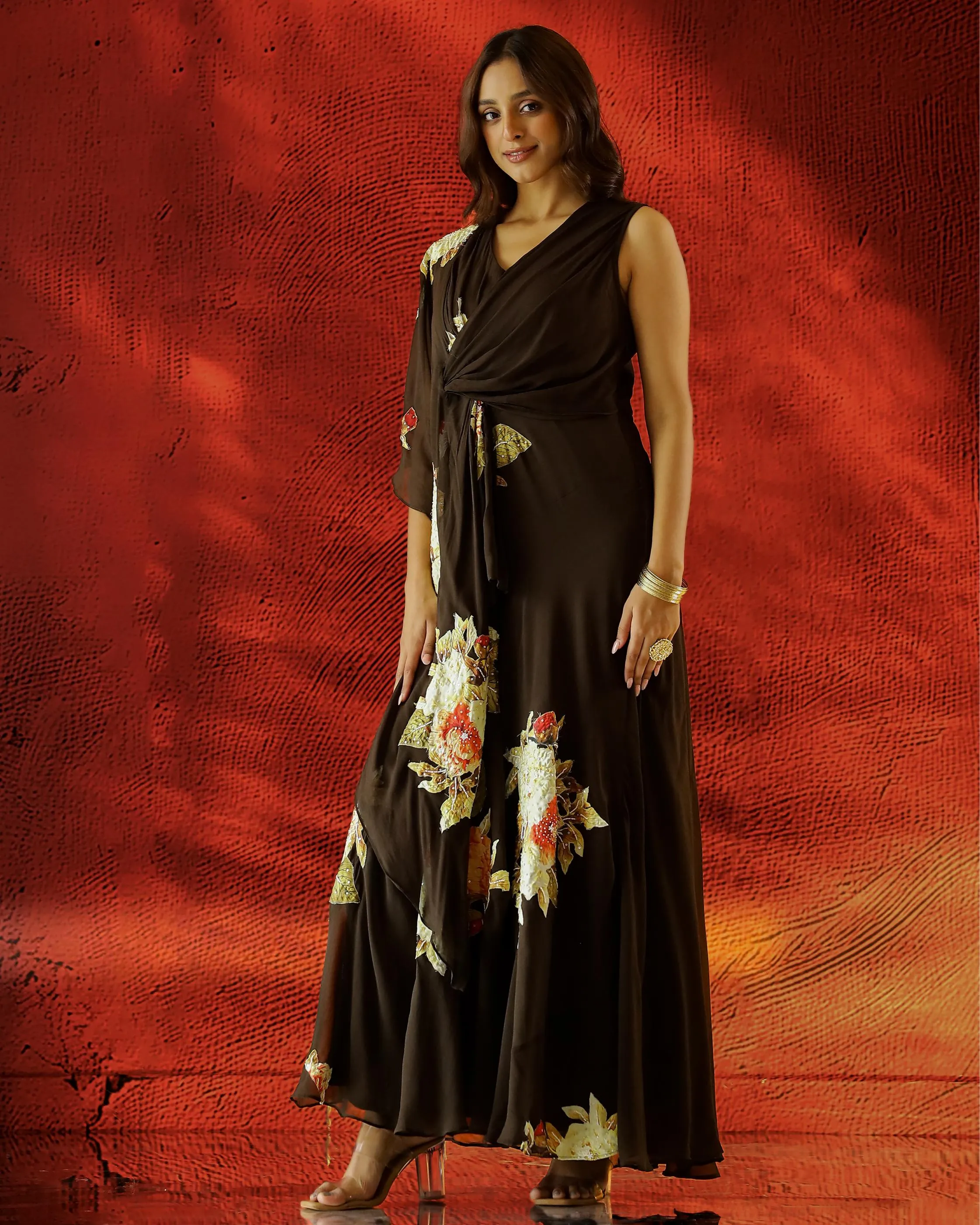 Dark Brown Embellished Chinon Silk Drape Gown