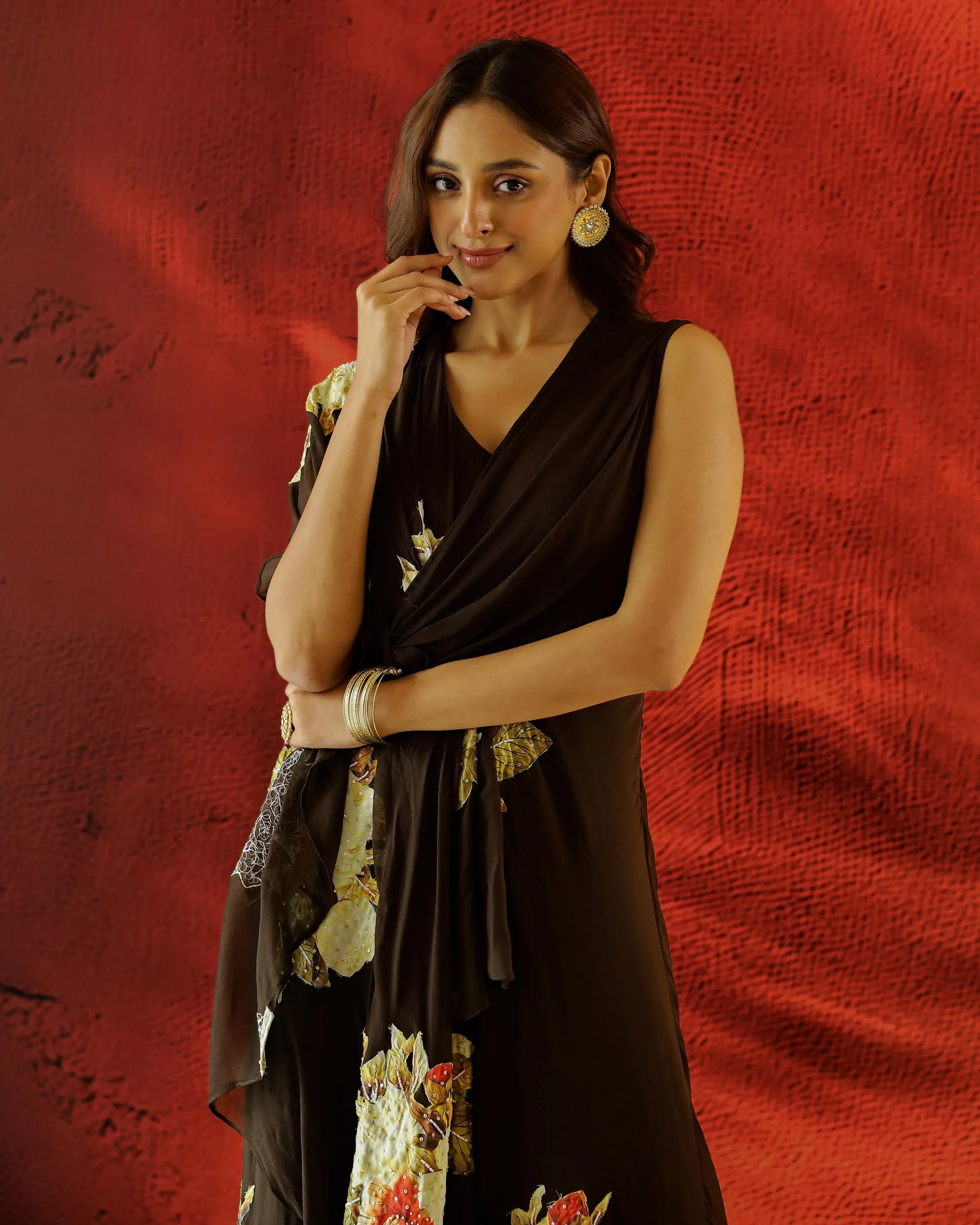 Dark Brown Embellished Chinon Silk Drape Gown