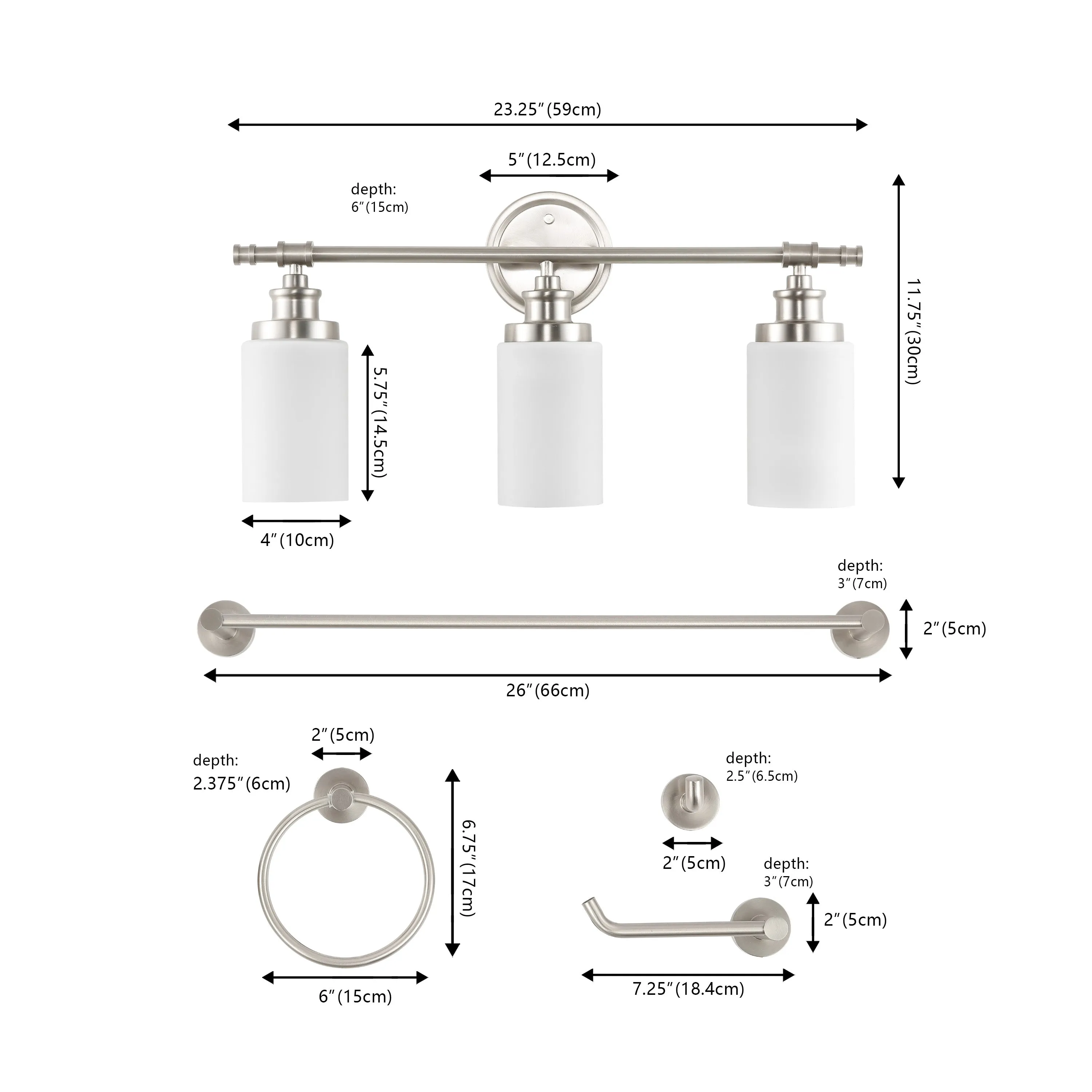 Eidonta 23.25" 3-Light Classic Cottage Vanity Light with Frosted Glass Shades and Bathroom Hardware Accessory Set