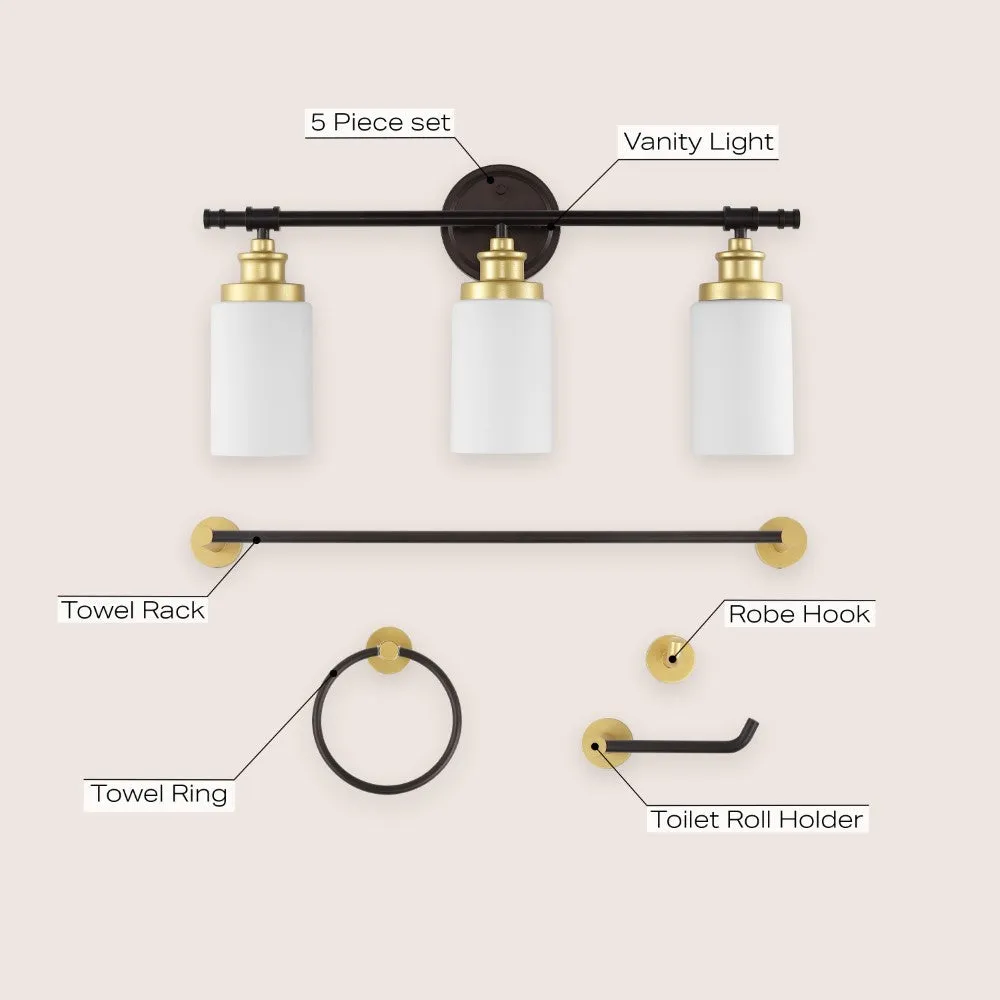 Eidonta 23.25" 3-Light Classic Cottage Vanity Light with Frosted Glass Shades and Bathroom Hardware Accessory Set