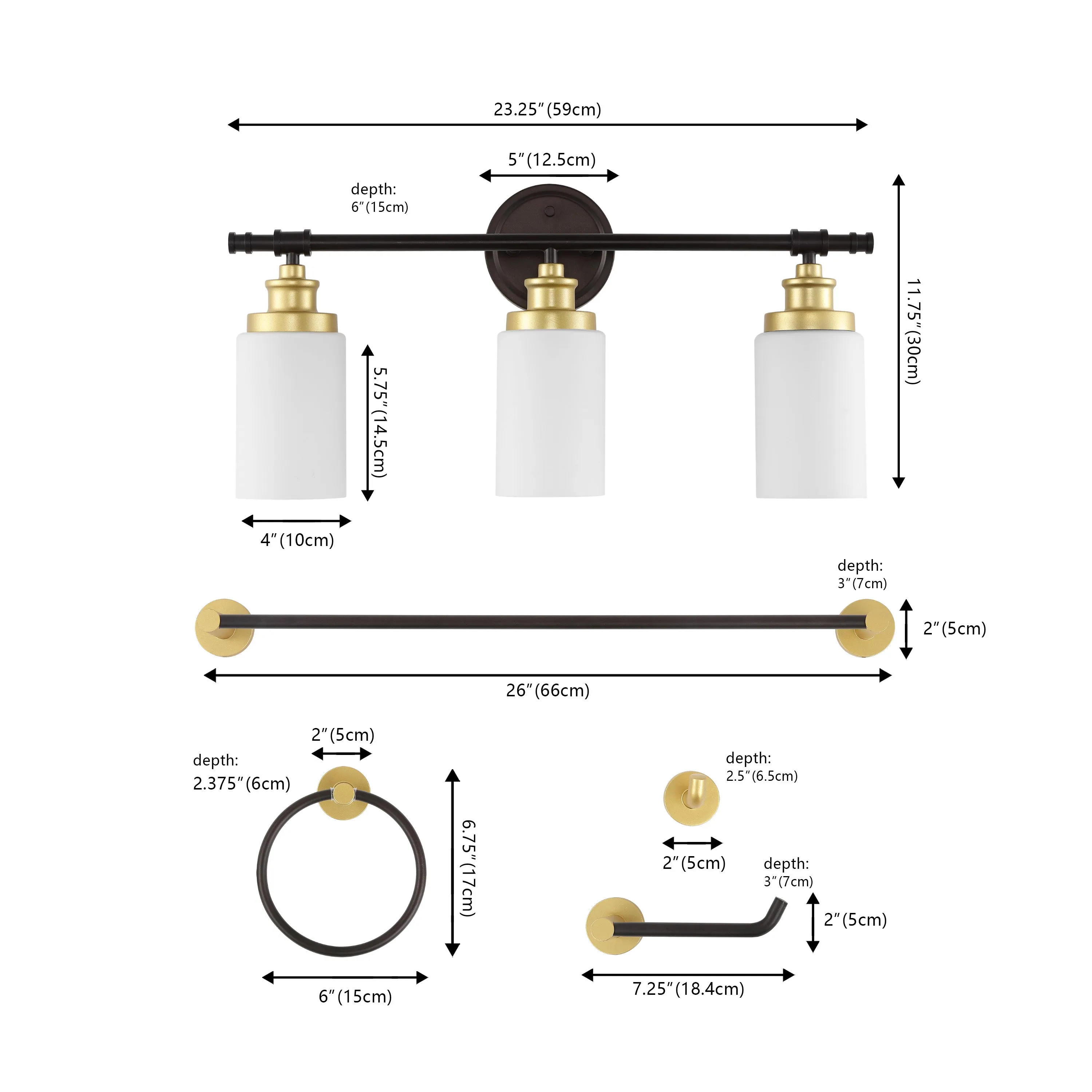Eidonta 23.25" 3-Light Classic Cottage Vanity Light with Frosted Glass Shades and Bathroom Hardware Accessory Set