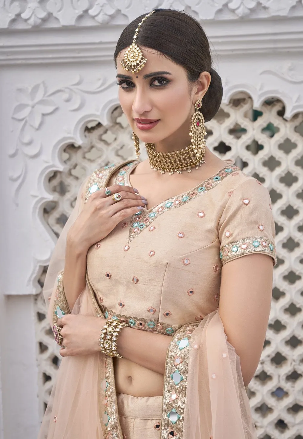 Elegant Peach Mirror Work Embroidered Wedding Lehenga Choli