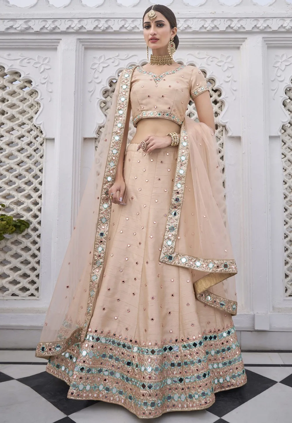Elegant Peach Mirror Work Embroidered Wedding Lehenga Choli