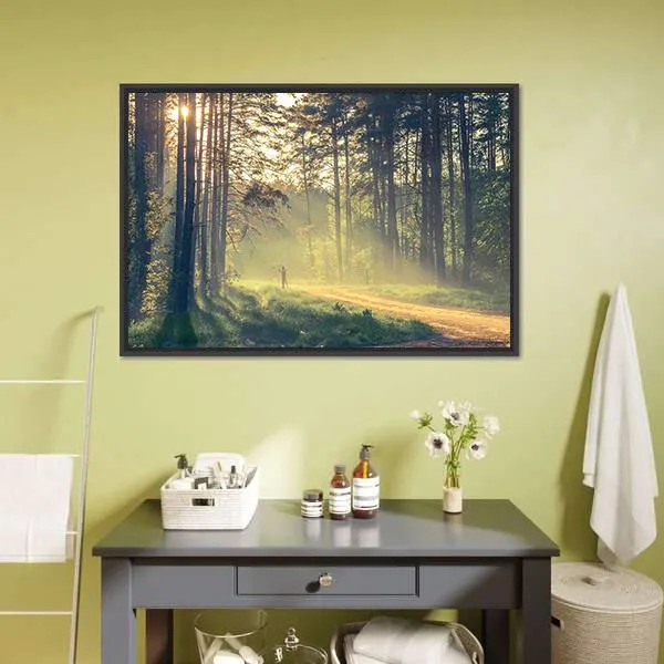 Evening Forest With Sun Canvas Wall Art