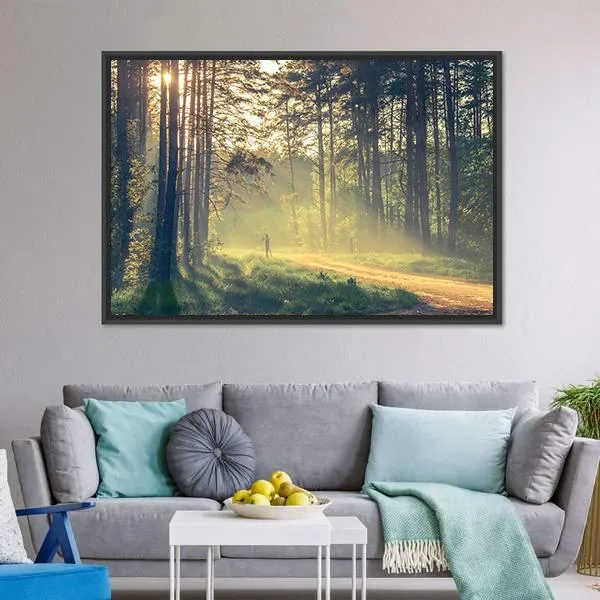 Evening Forest With Sun Canvas Wall Art