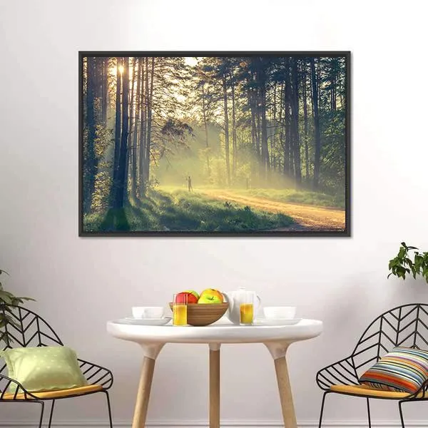 Evening Forest With Sun Canvas Wall Art