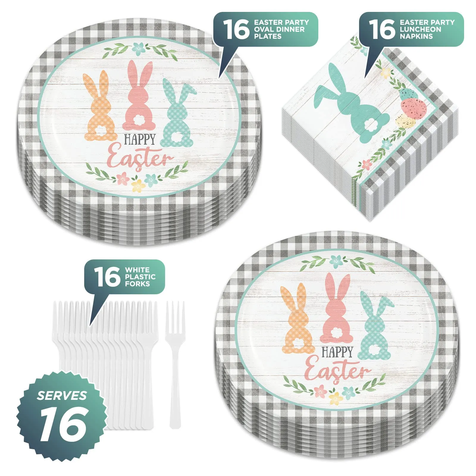 Farmhouse Easter Party Gray Plaid & Bunny Oval Paper Plates, Lunch Napkins, and Forks (Serves 16)