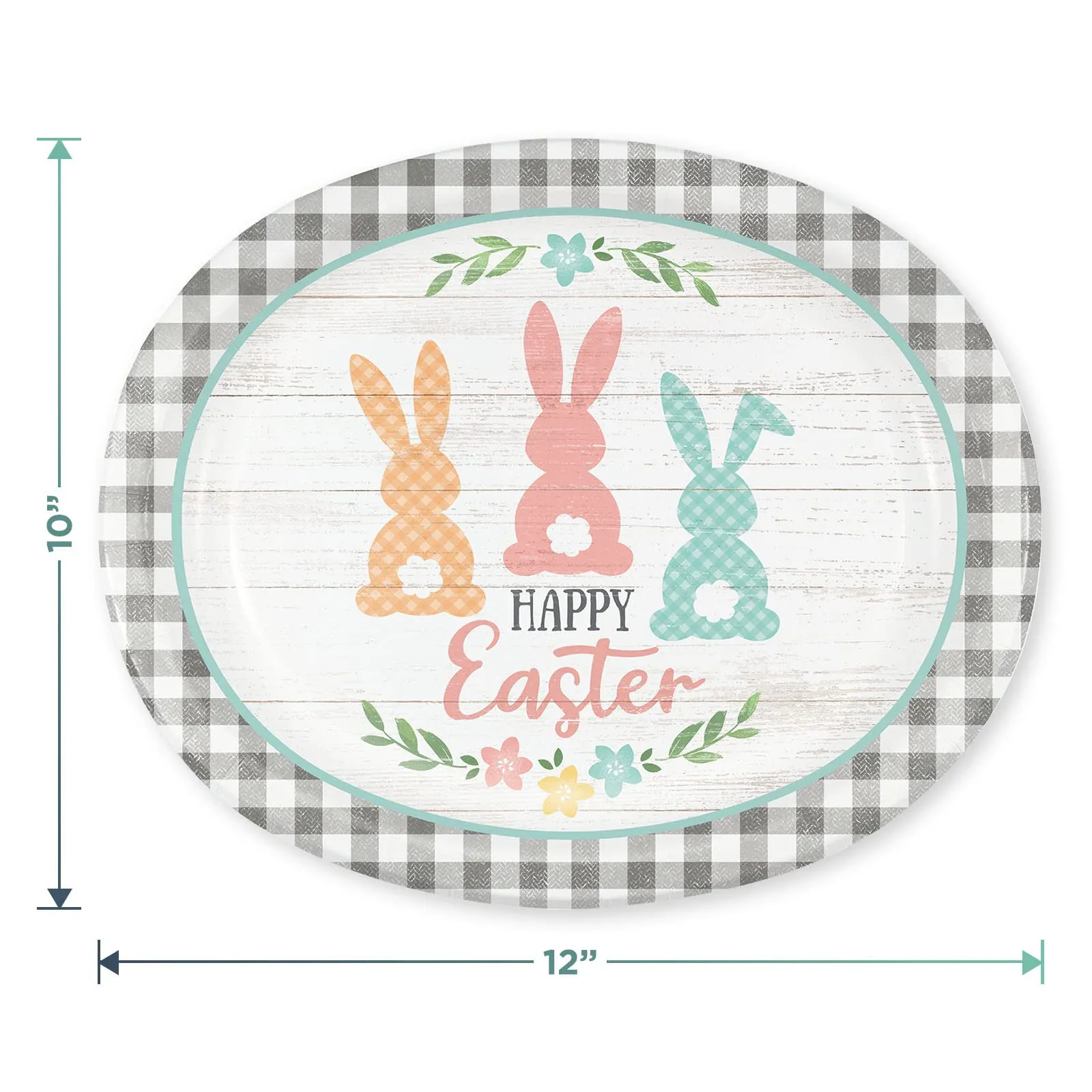 Farmhouse Easter Party Gray Plaid & Bunny Oval Paper Plates, Lunch Napkins, and Forks (Serves 16)