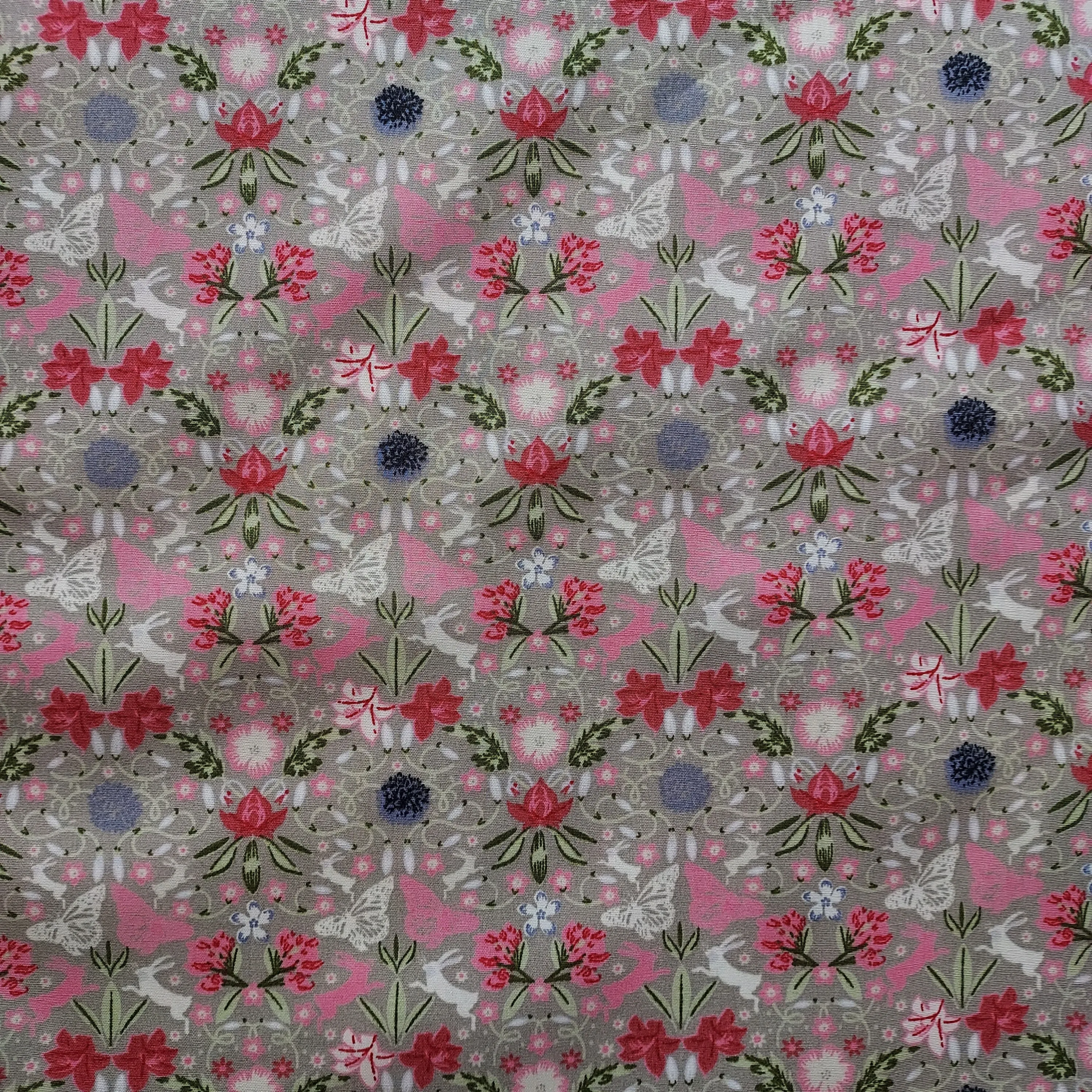 Flowers Butterflies and Rabbits Cotton Fabric