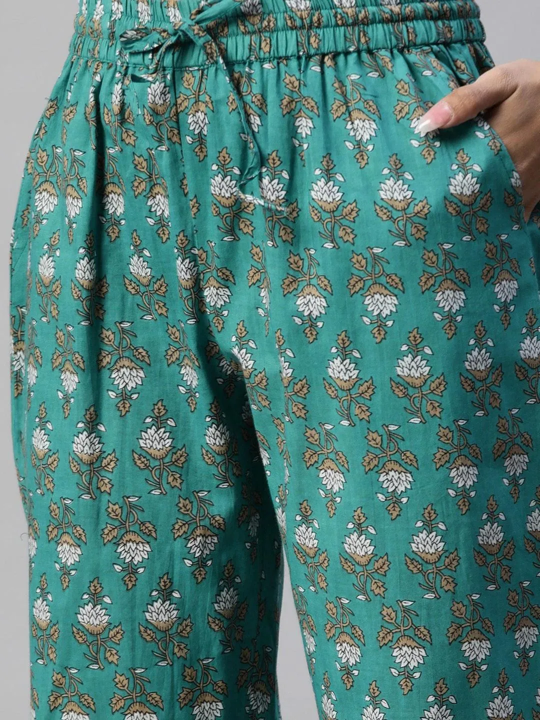 Green Cotton Floral Printed Three Piece Indowestern Kurta Pant Set With Jacket