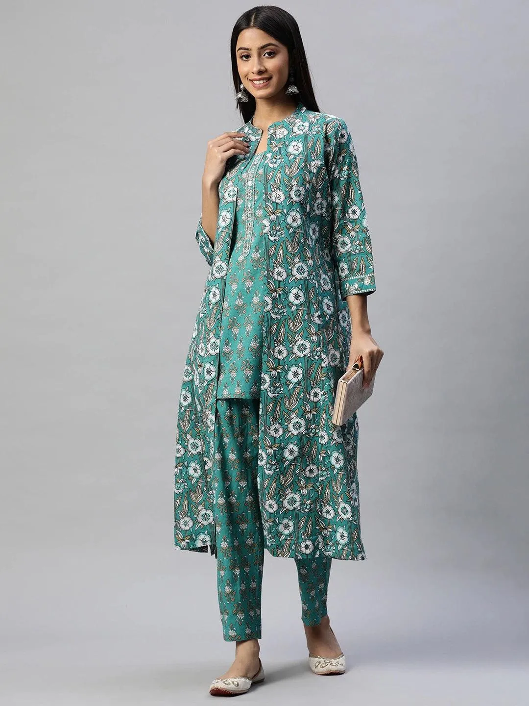 Green Cotton Floral Printed Three Piece Indowestern Kurta Pant Set With Jacket