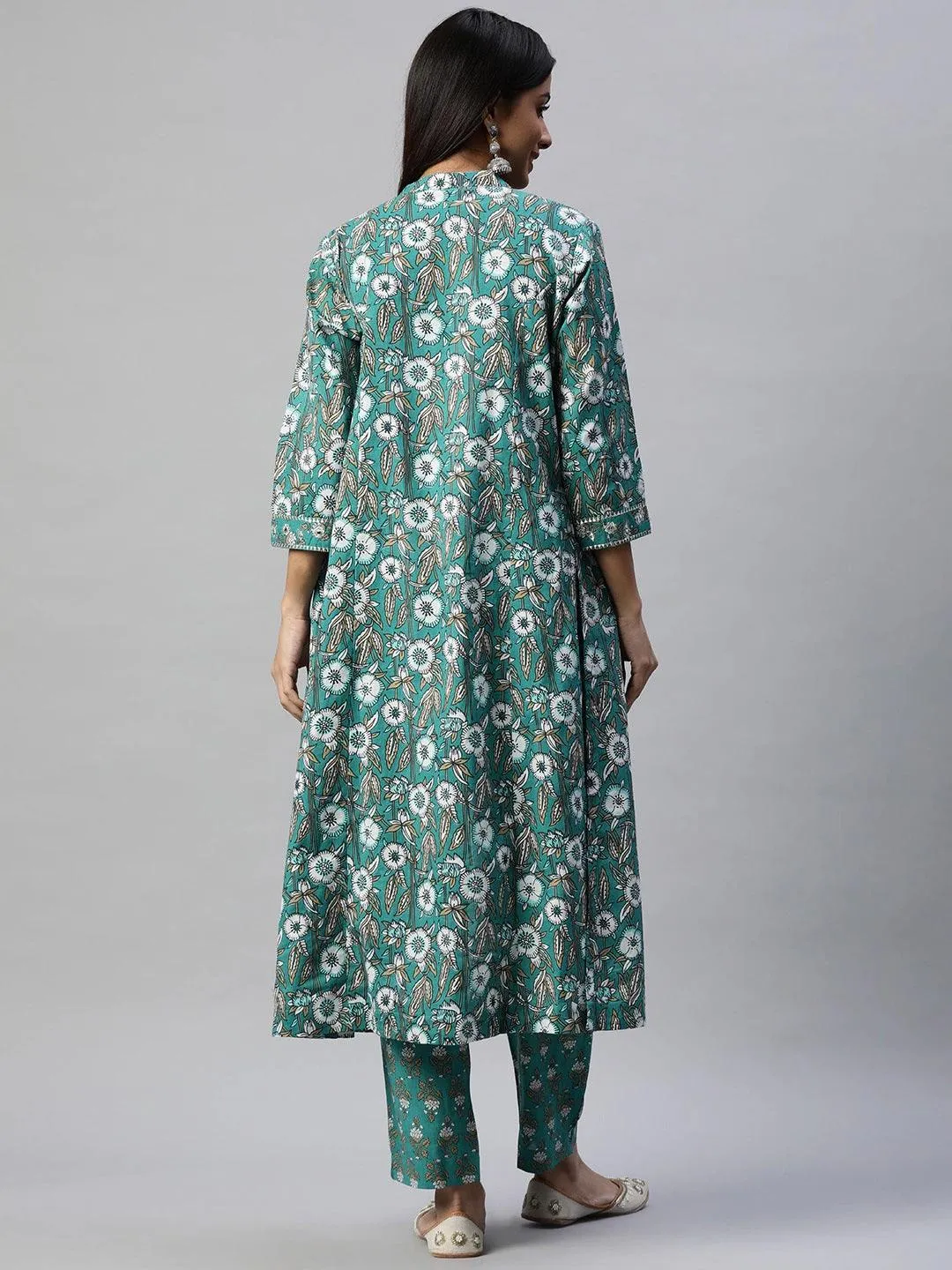 Green Cotton Floral Printed Three Piece Indowestern Kurta Pant Set With Jacket