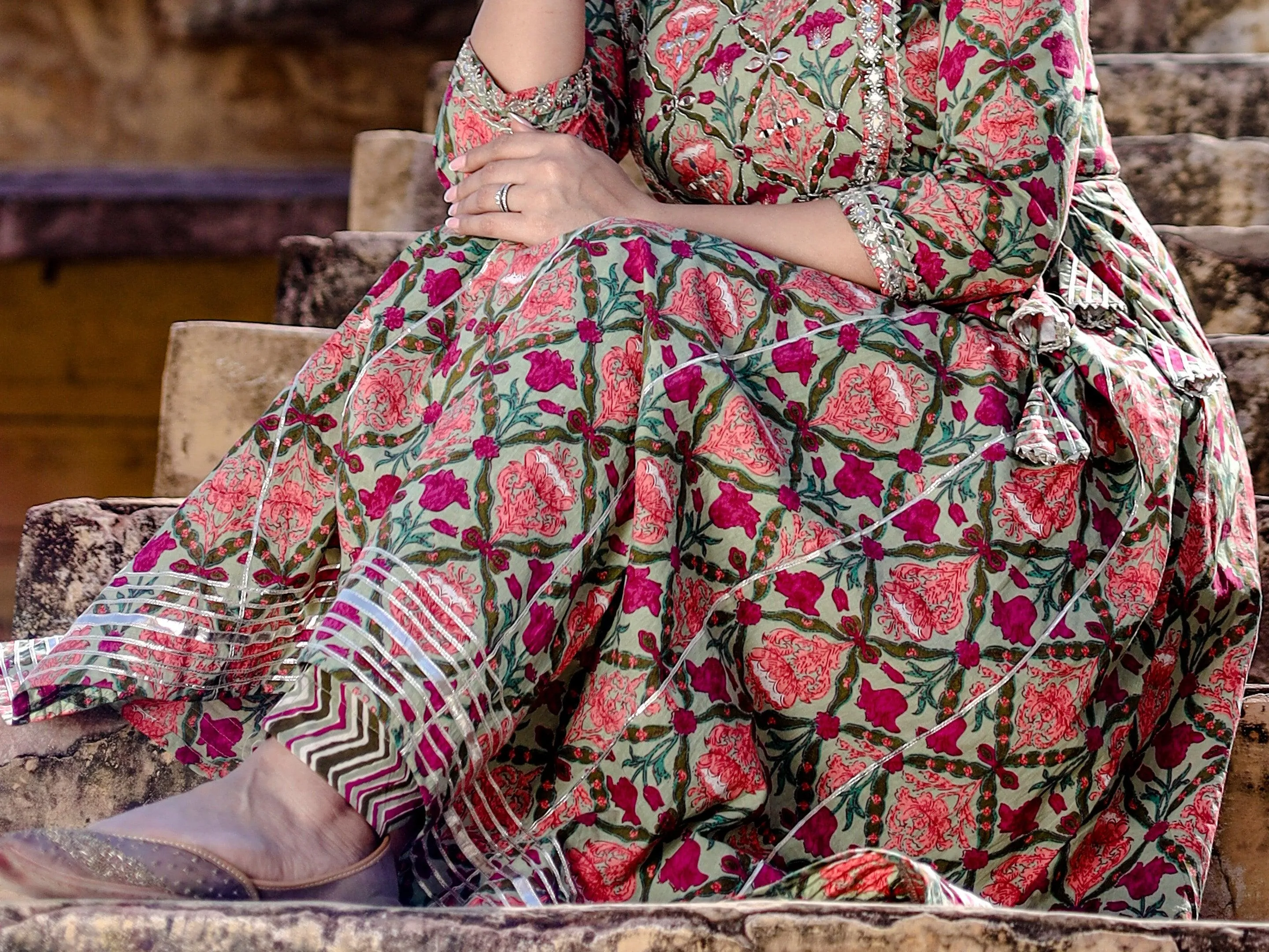 Green Floral Printed Anarkali Kurta Pant Sets