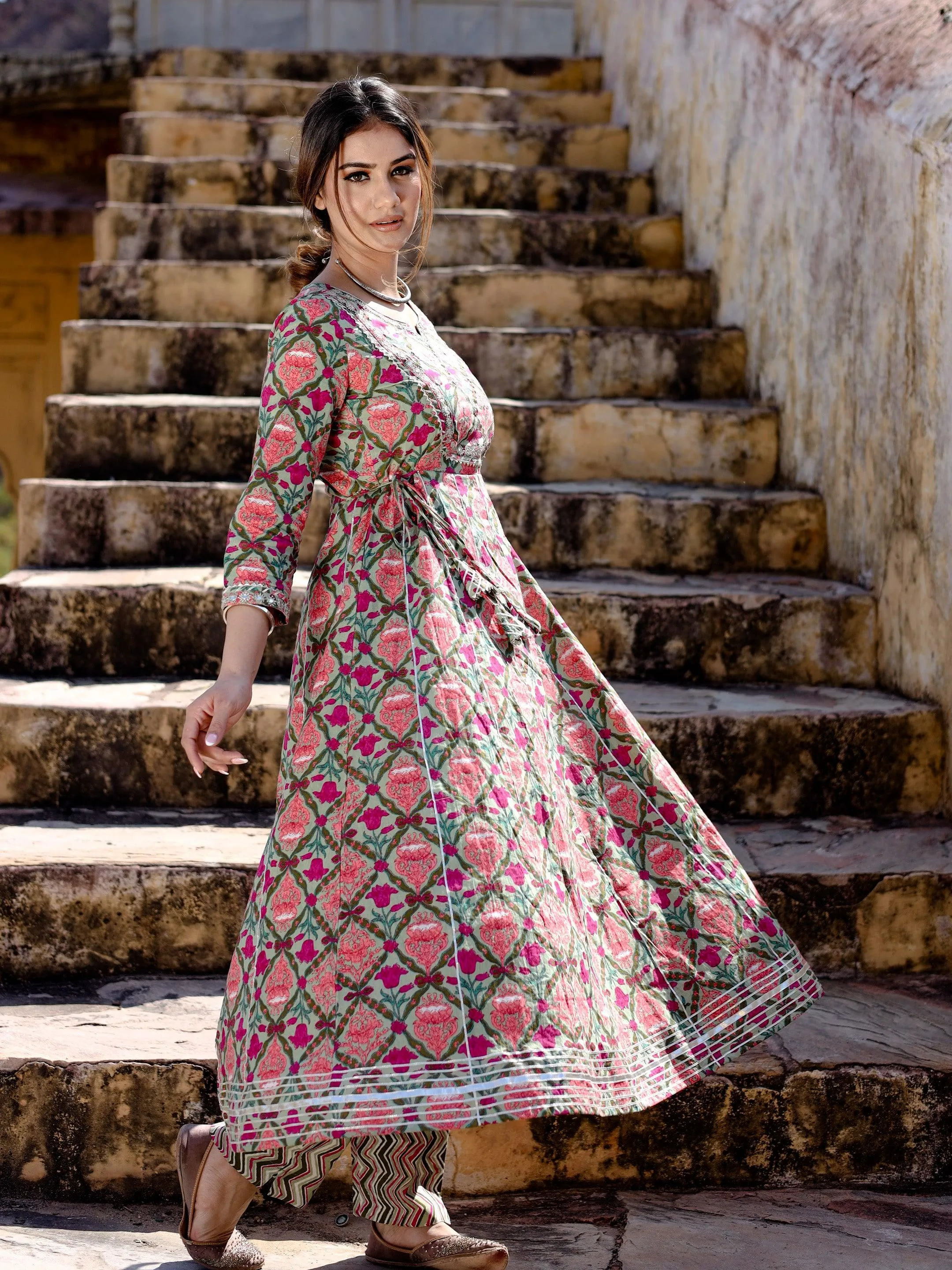 Green Floral Printed Anarkali Kurta Pant Sets