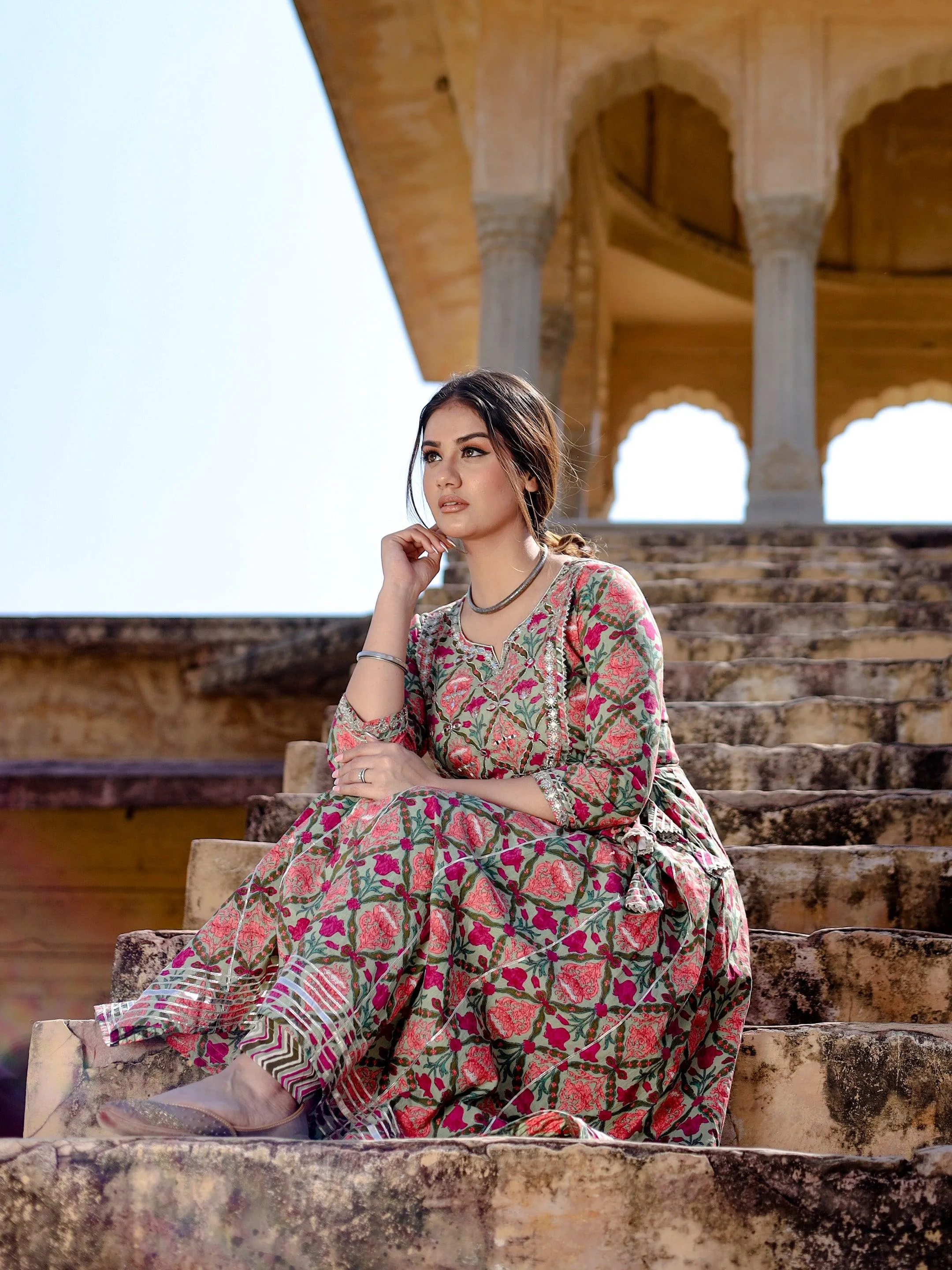 Green Floral Printed Anarkali Kurta Pant Sets