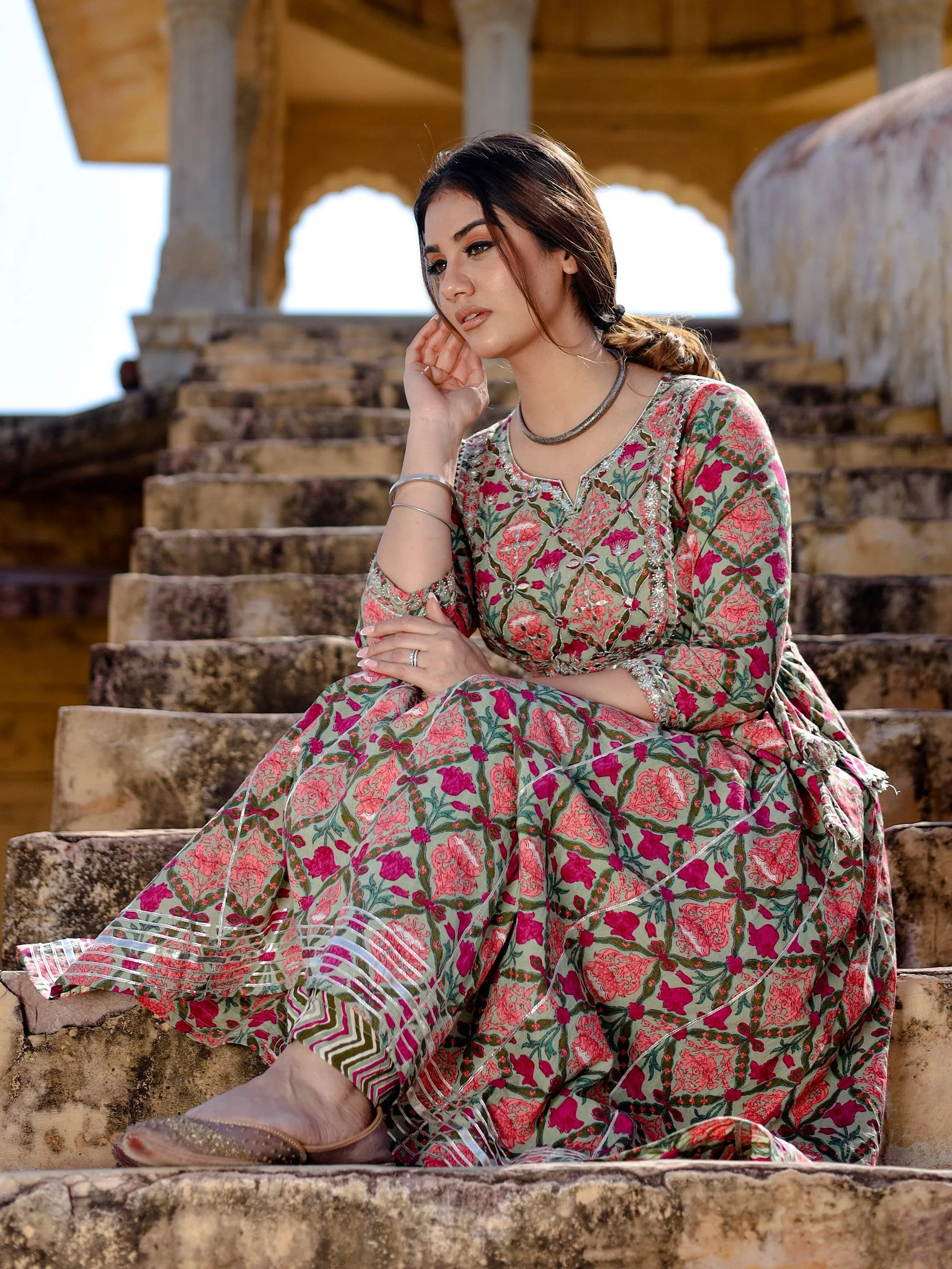 Green Floral Printed Anarkali Kurta Pant Sets