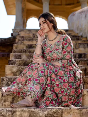 Green Floral Printed Anarkali Kurta Pant Sets